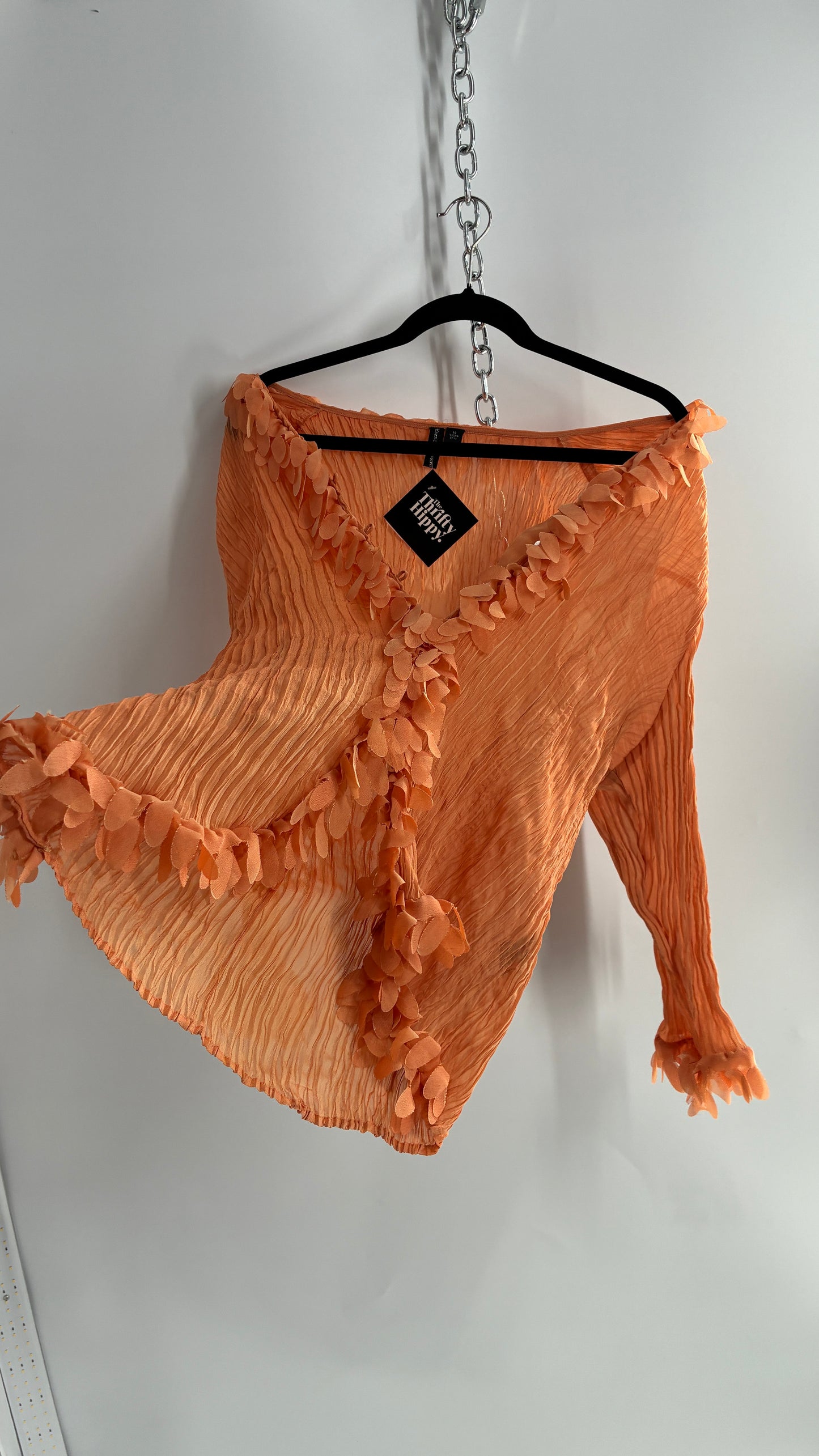 Vintage Essentials by Milano 1990s Orange Crimped Petal Trim Blouse (XL)