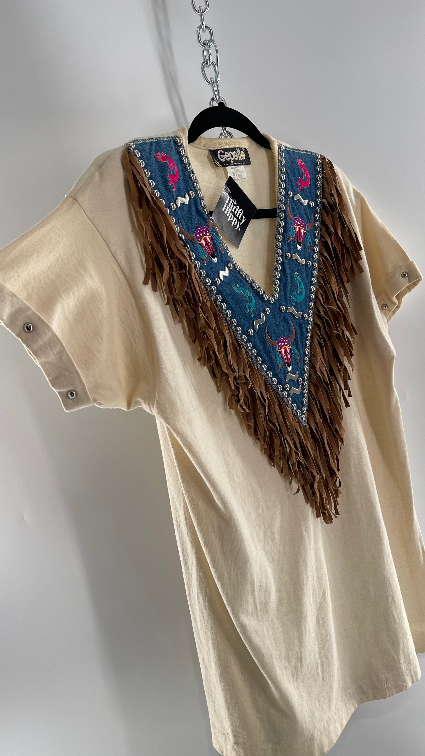 Vintage 1980s GEPETTO Off White Rodeo Western T Shirt with Denim Lined V Neck, Faux Leather Fringe Detail, Embroidery, and Heavy Duty Studs