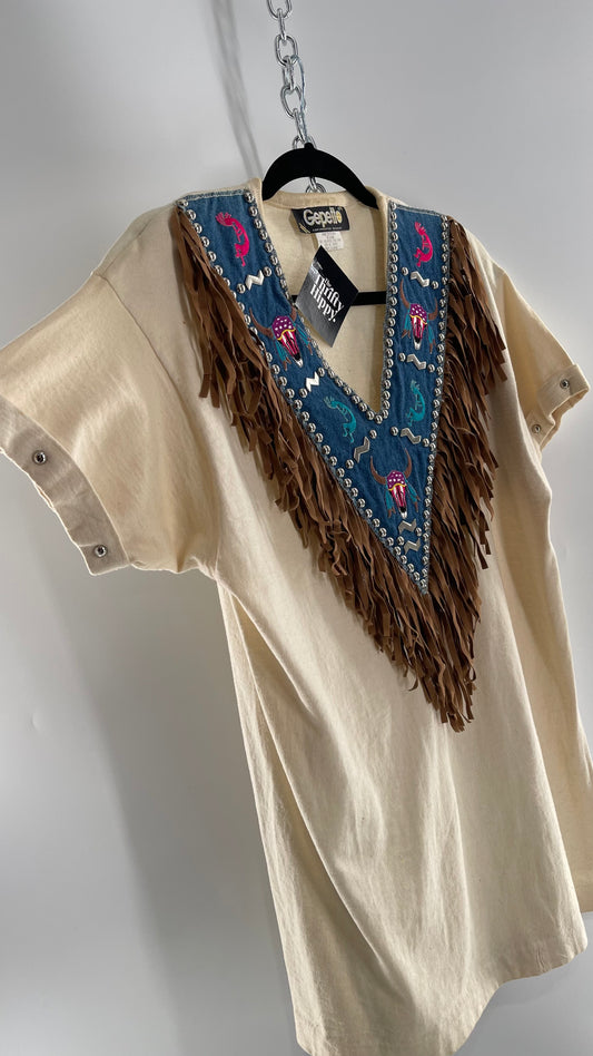 Vintage 1980s GEPETTO Off White Rodeo Western T Shirt with Denim Lined V Neck, Faux Leather Fringe Detail, Embroidery, and Heavy Duty Studs