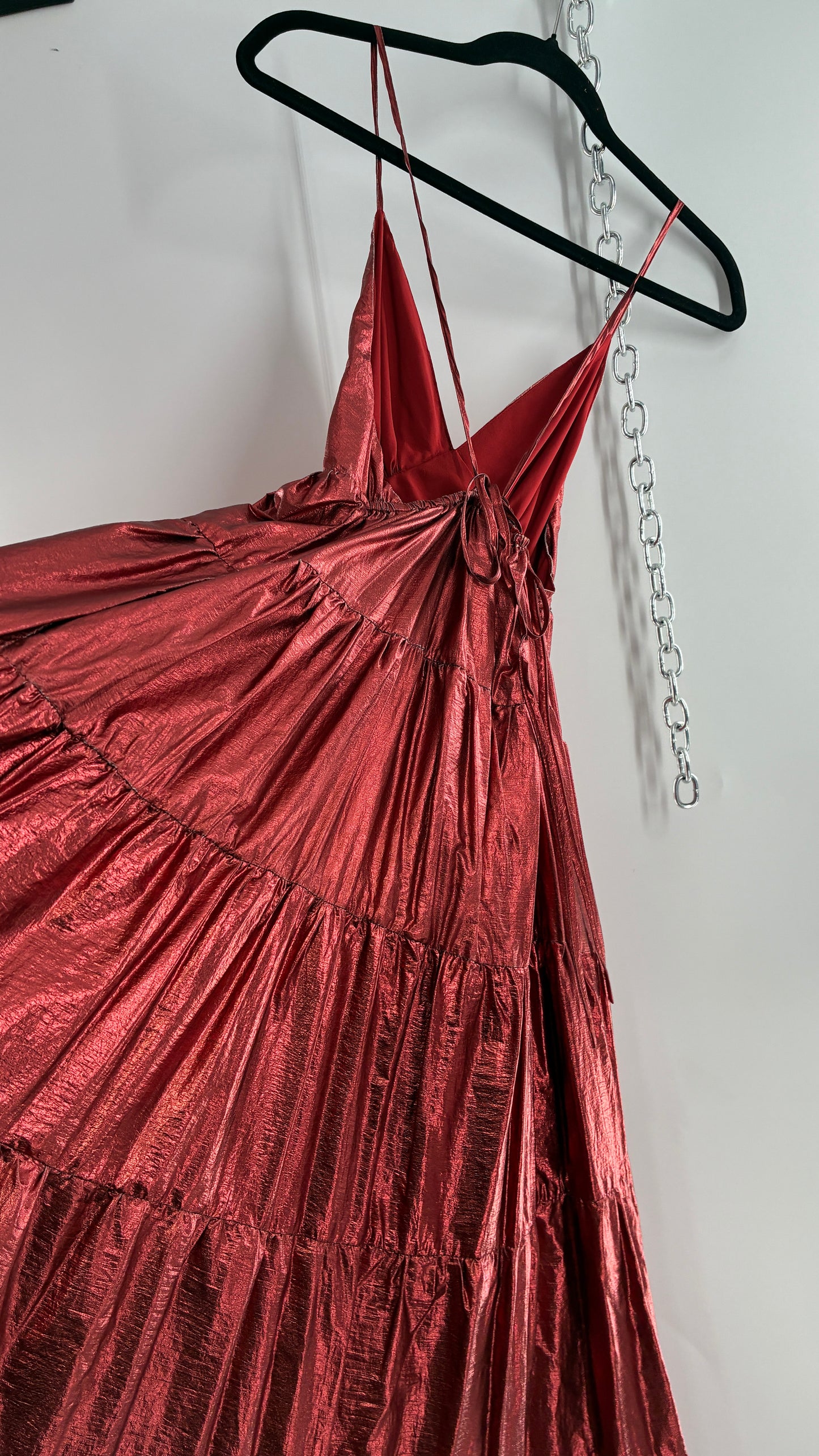 HUTCH Red Metallic Tiered Voluminous Maxi Gown (XS)