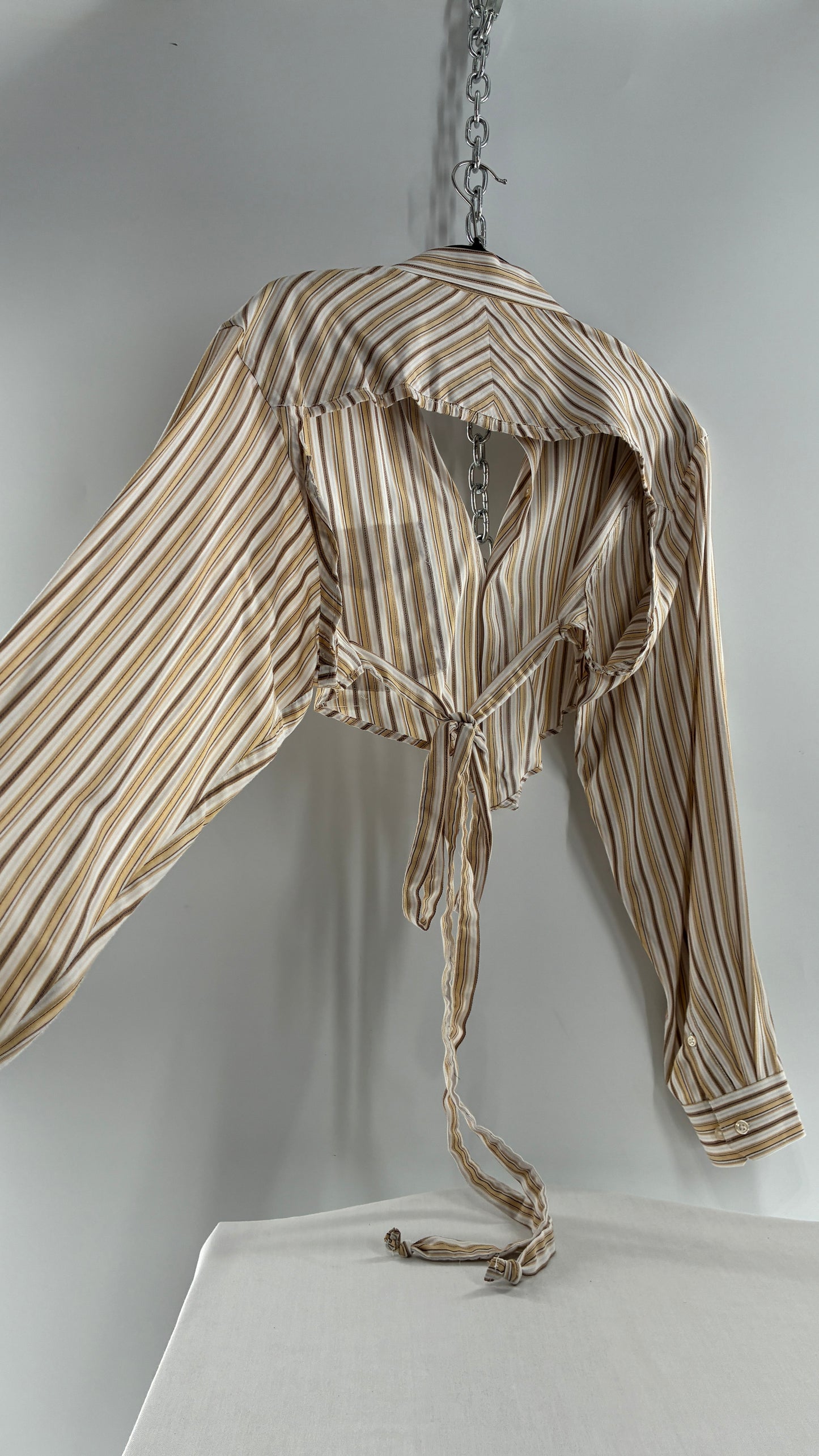 Vintage VAN HEUSEN Reworked Button Front Backless Mustard Yellow, Brown Striped Blouse (One Size)