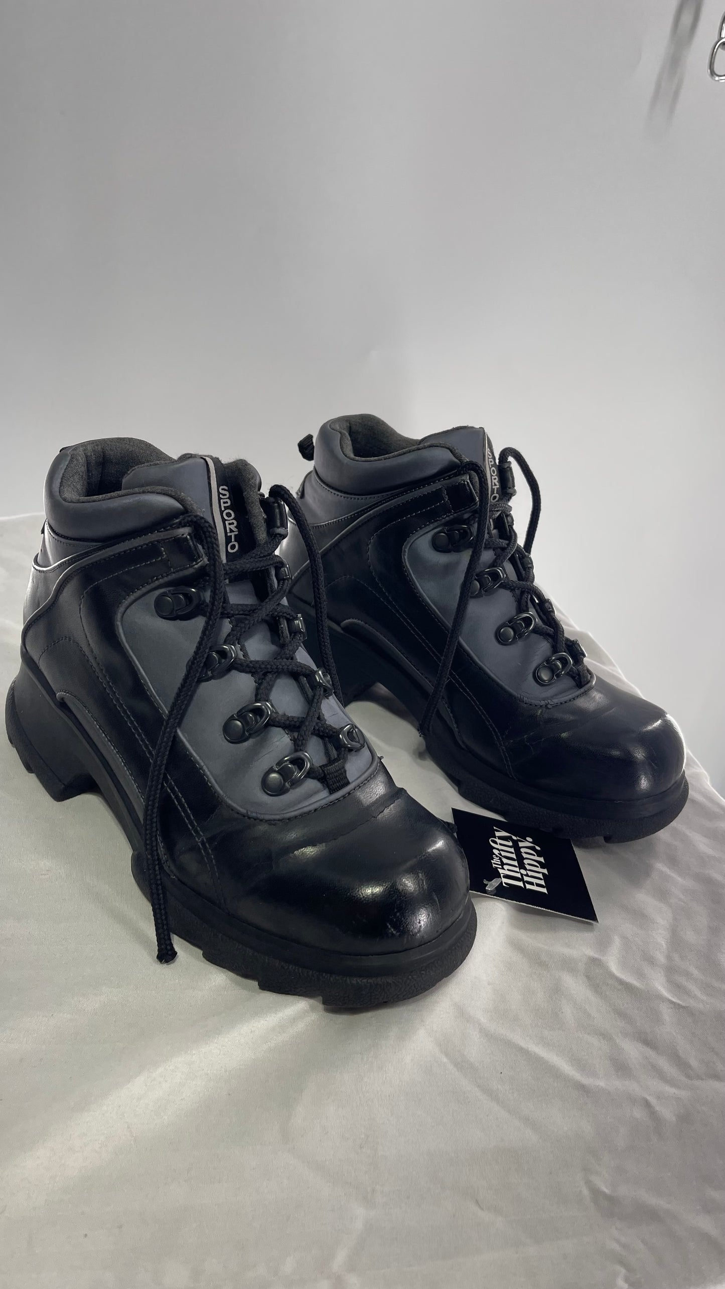 1990s Vintage SPORTO Metallic Blue and Black Round Toe Platform Sneaker Boot (9)