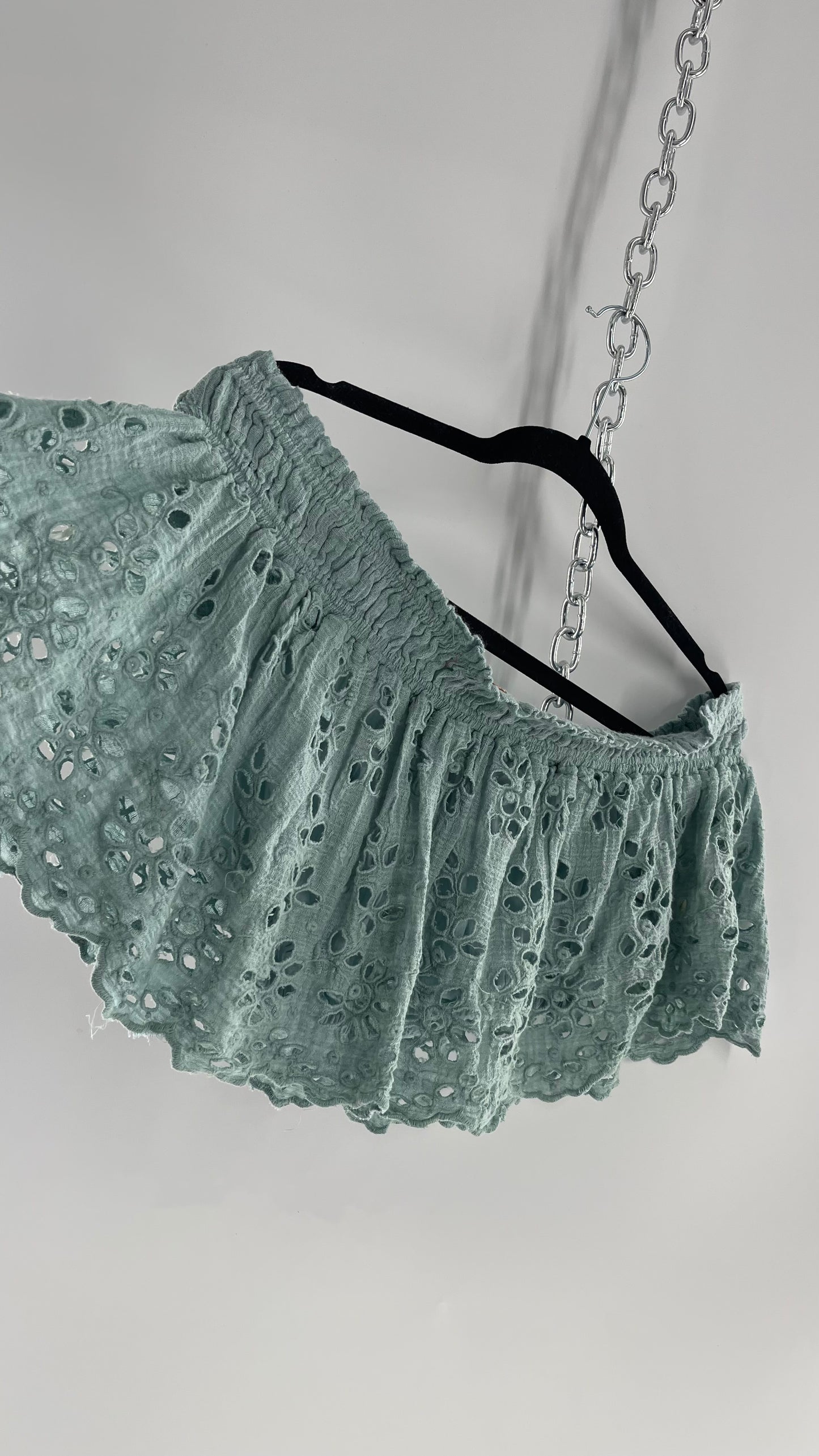 Free People Eyelet Cotton Teal Blue Off the Shoulder Ruffle Bandeau (Medium)