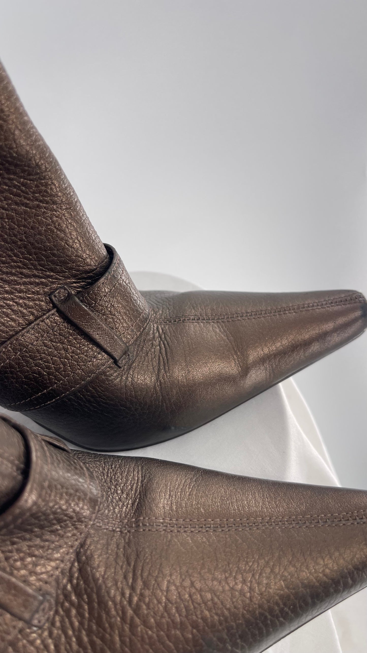 Vintage GIANNI Metallic Bronze Pointed Toe Buckle Strap Boots Made in Brazil (38)