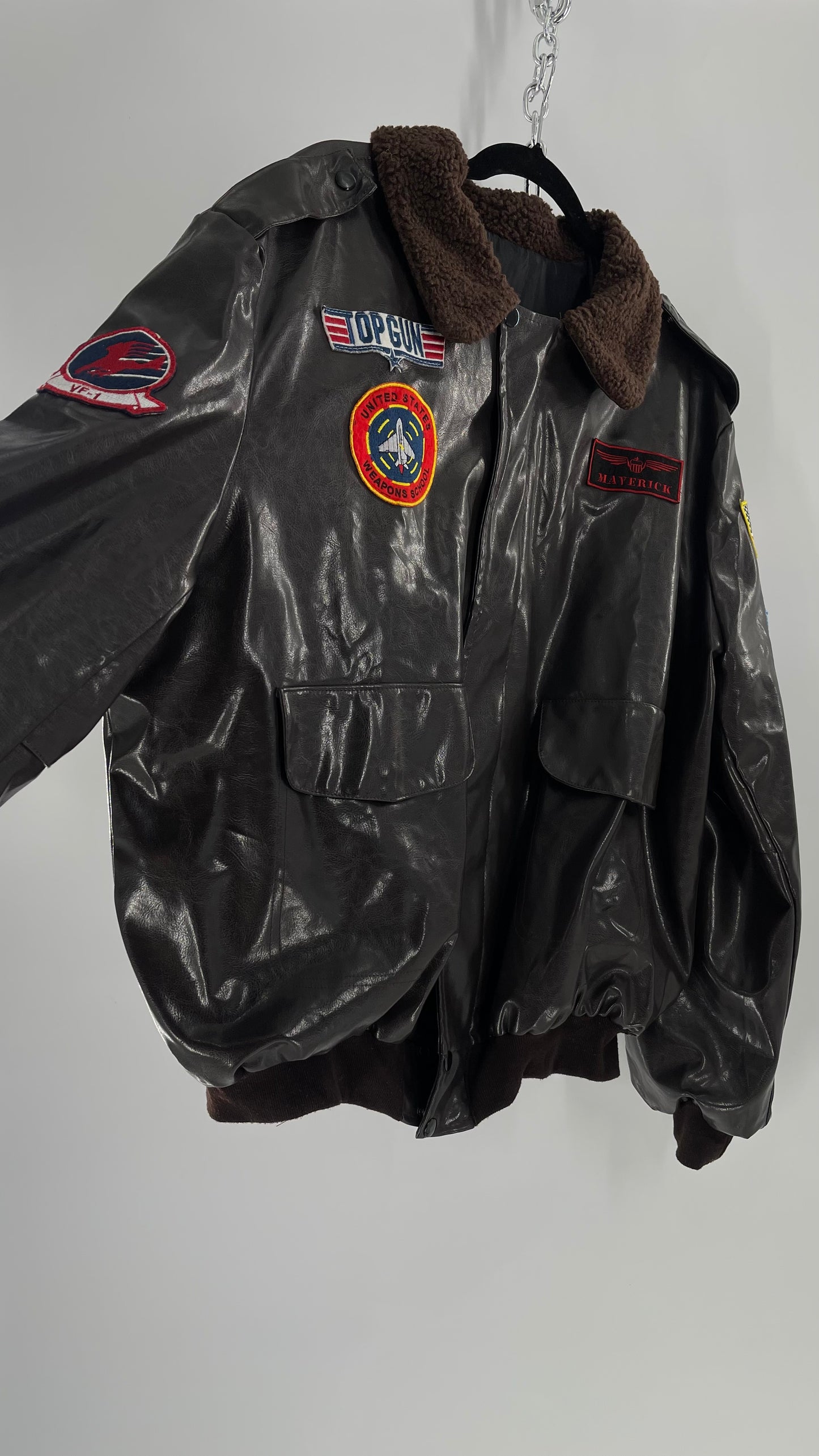 Vintage Dark Brown Top Gun Bomber Jacket with Patches and Teddy Sherpa Collar (Large)