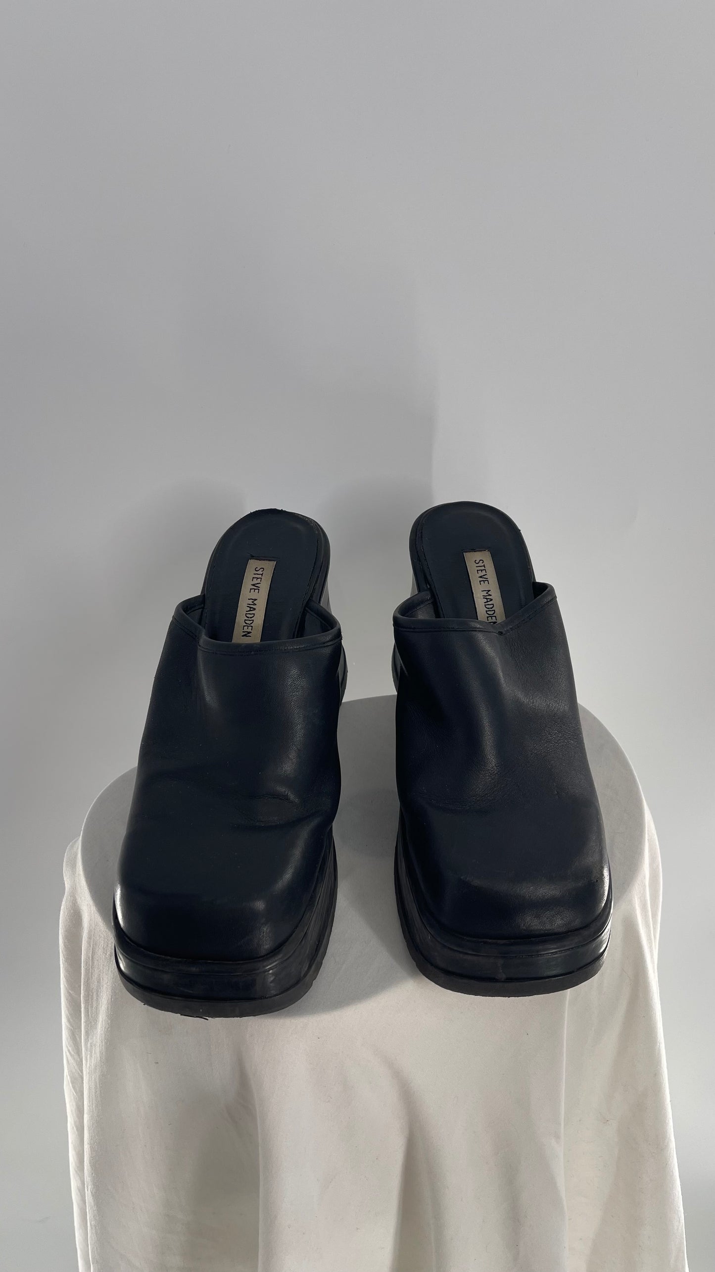 STEVE MADDEN Rare Black Leather Chunky Platform Wedge Clog (10)