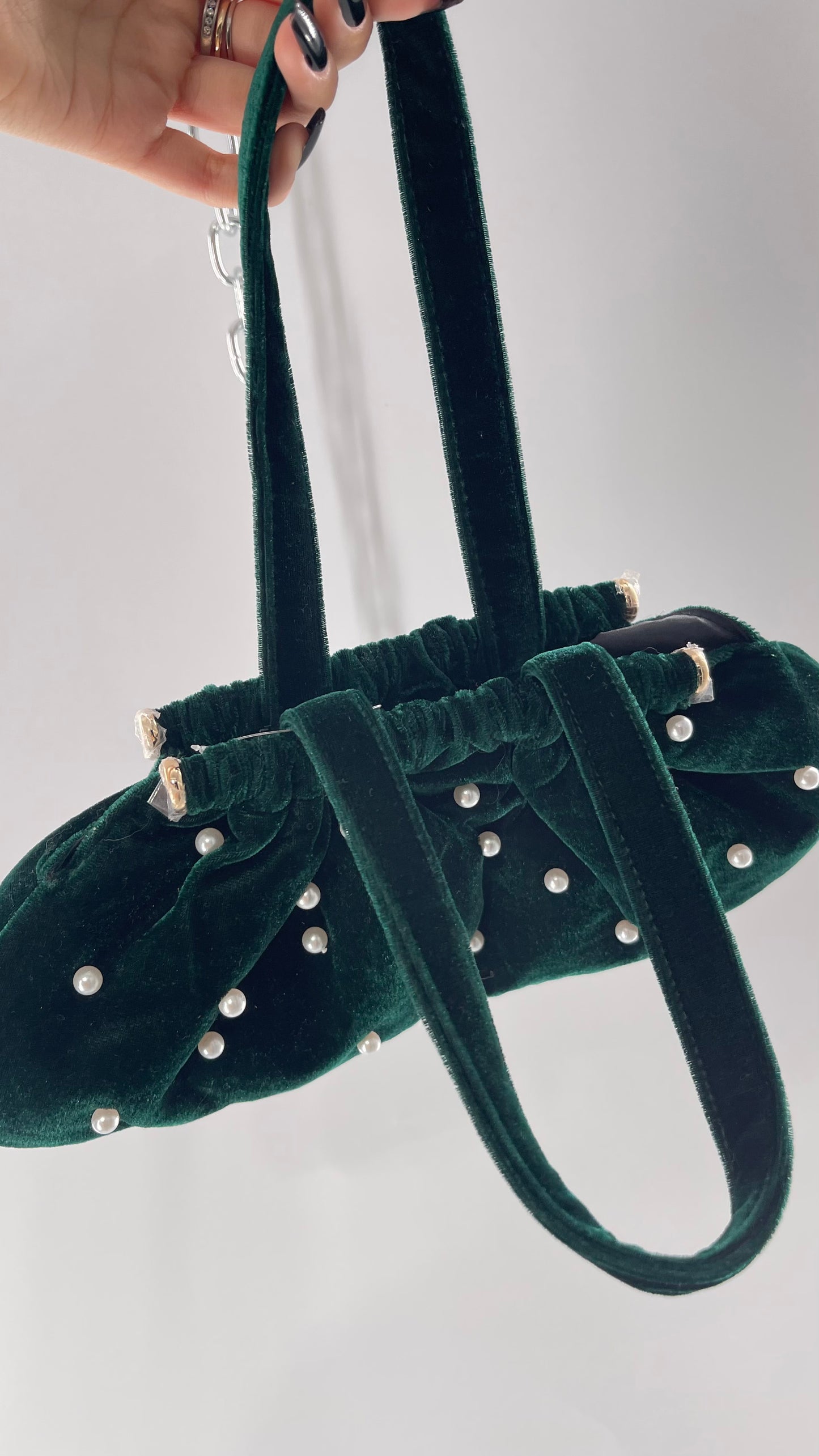 Vintage Deep Green Velvet Purse Covered in Pearls, and Featuring Gold Metal Closure Still Lined in Protective Plastic