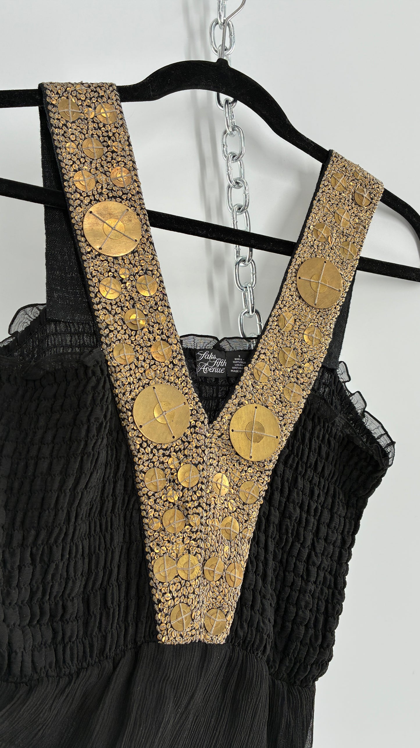 Vintage SAKS FIFTH AVENUE Black 100% Silk Camisole with Heavily Beaded Bronze Appliqué Strap (Small)