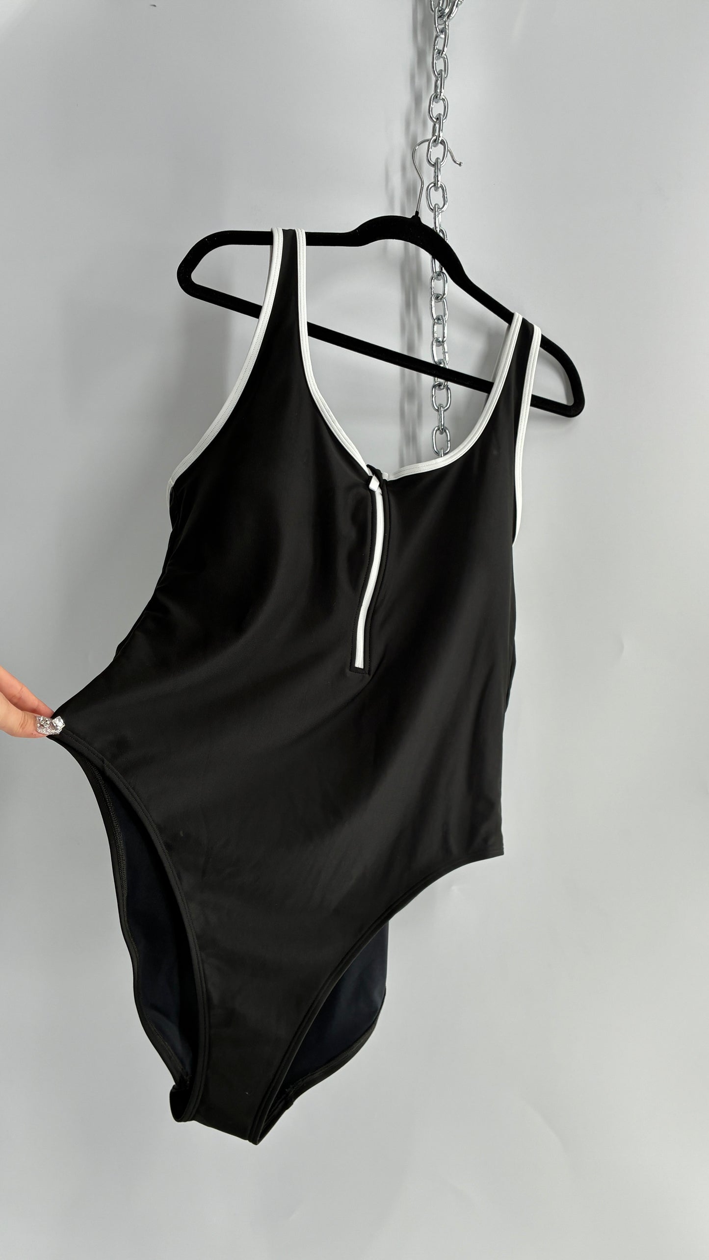 OLD NAVY Black Thick Zip Front Bathing Suit with Contrast White Piping and Tags Attached (XXL)