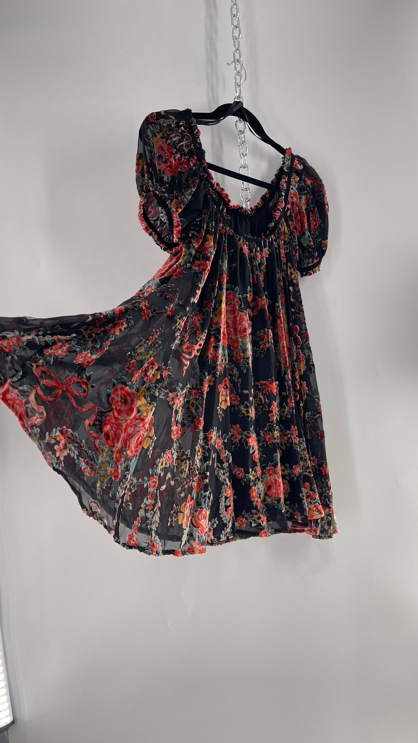 Free People Beautiful Blooms Velvet Florals Babydoll Dress (Small)