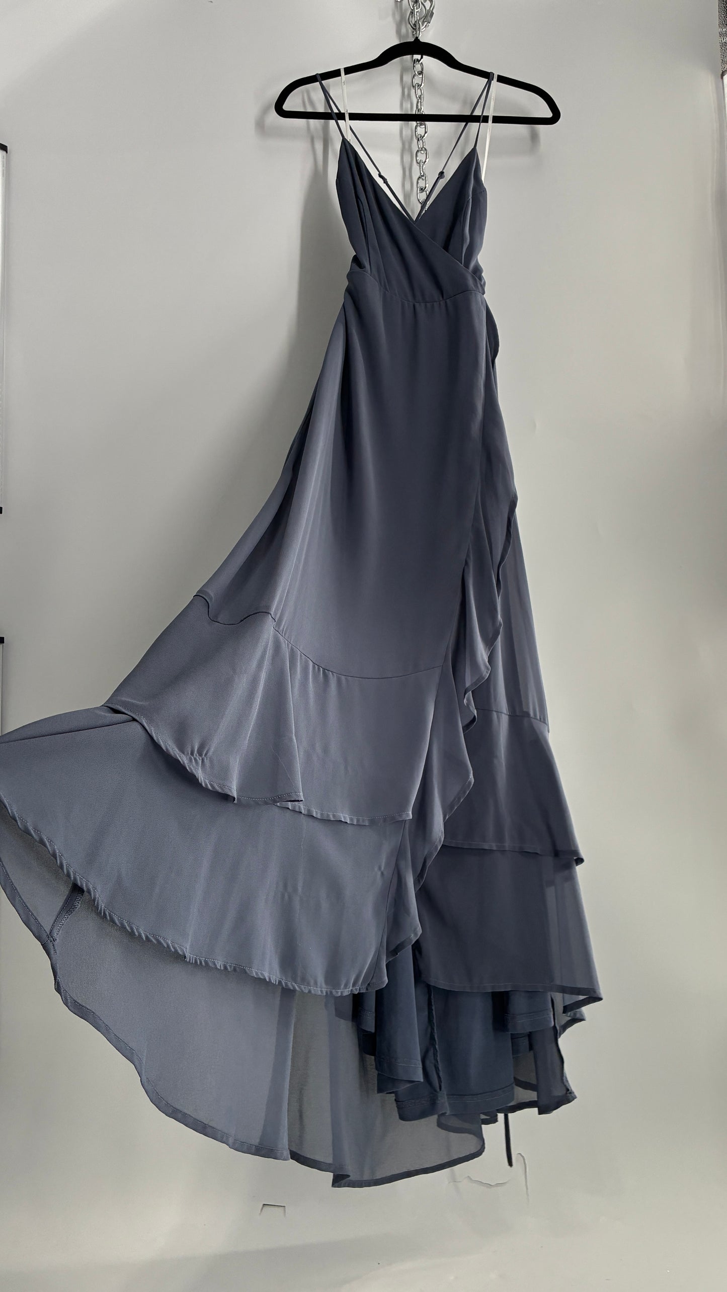 Lulus Greyish Blue Full Length Dress with Tie Up Back and Ruffled Hem (S)