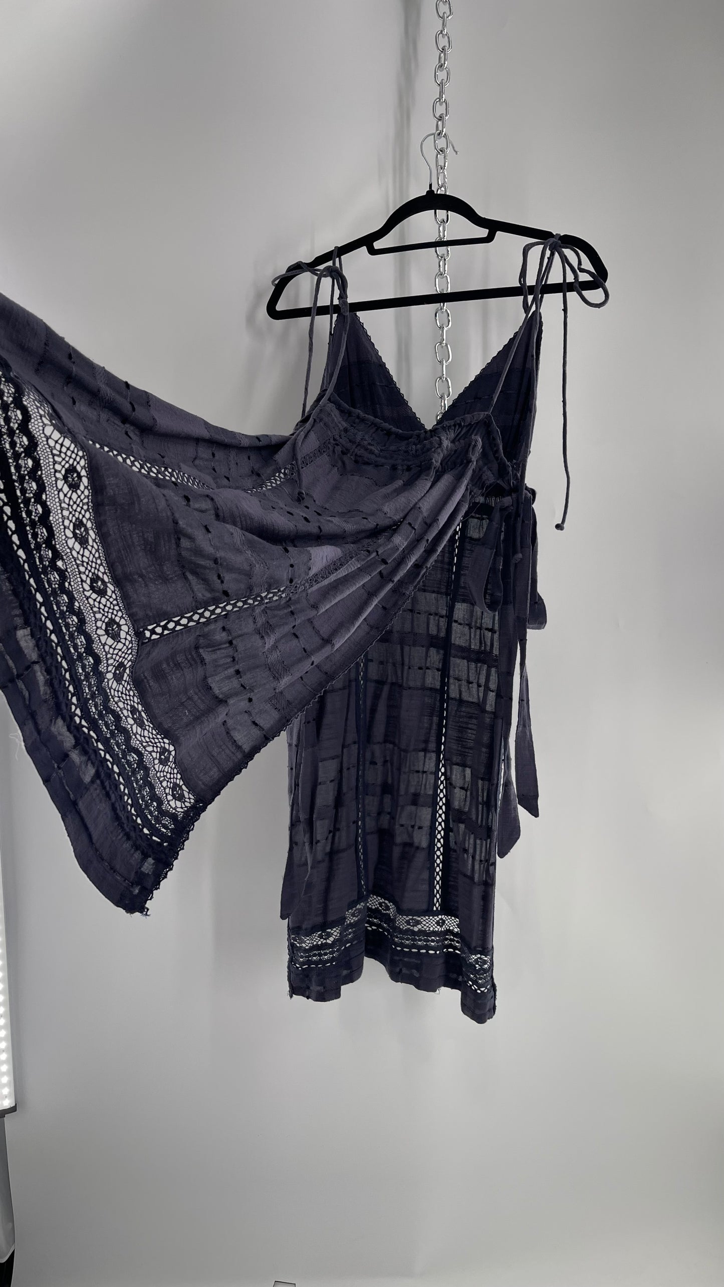 Free People Navy Blue Cotton Lace and Embroidered Open Tie Side Dress (M)