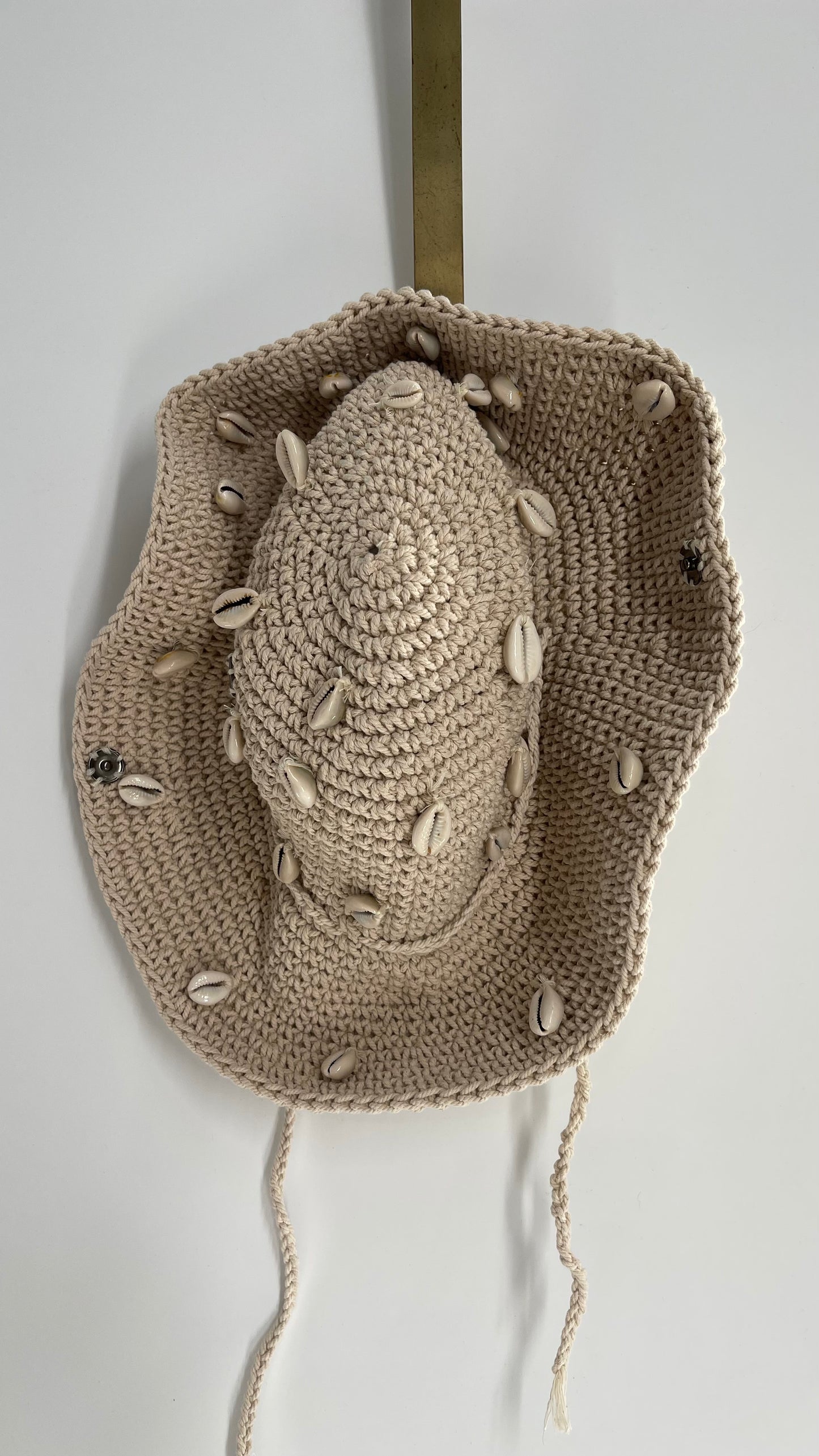 Heavy Knit Crochet Off White Sun Hat with Sewn On Shells and Button Sides