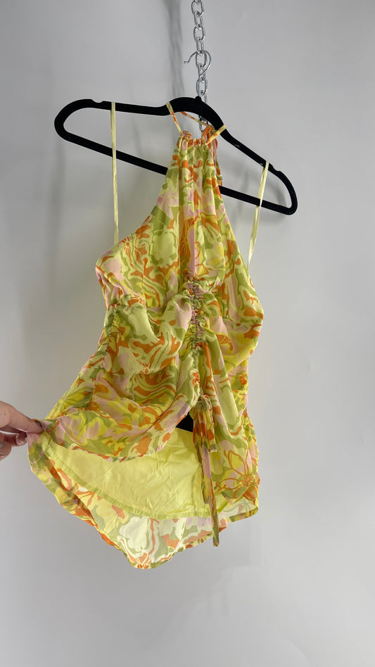 Free People Lime Green and Yellow Ruched Blouse with Cut Out Bust, Adjustable Scrunched Torso and Tie Neck Tank (Medium)