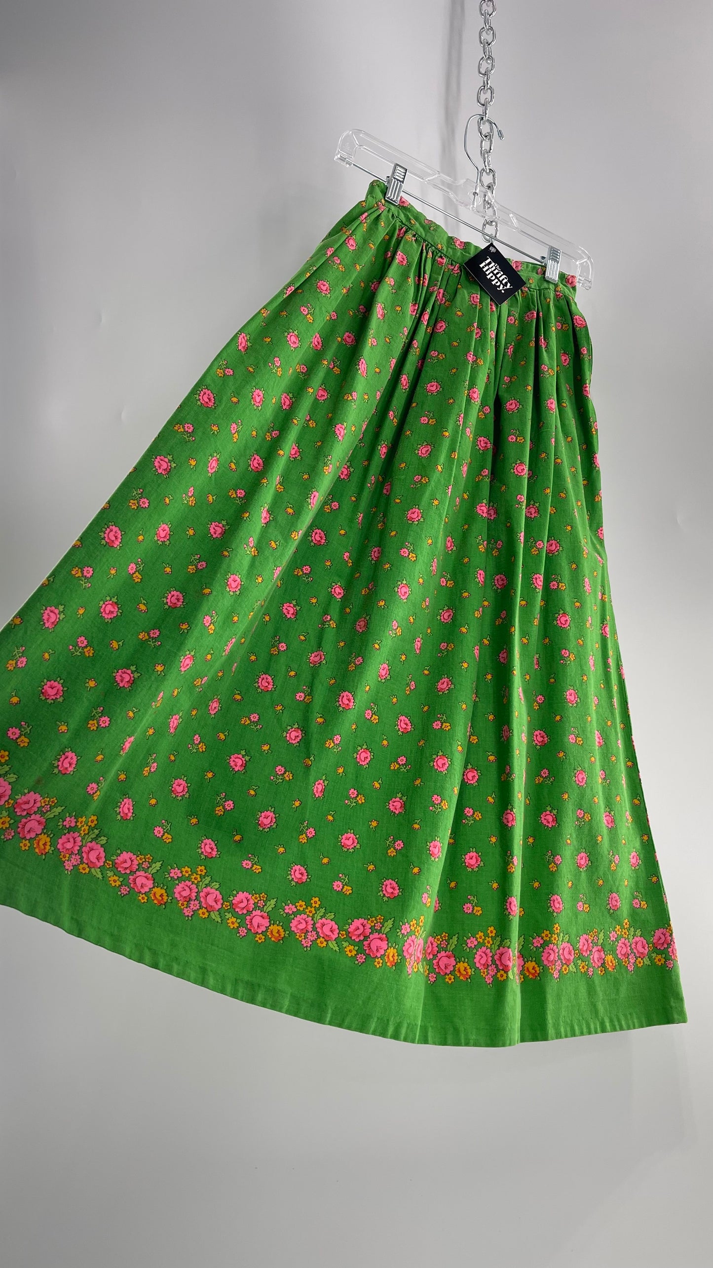 Vintage Imported Cotton Kelly Green Skirt with Pink Roses (XS)
