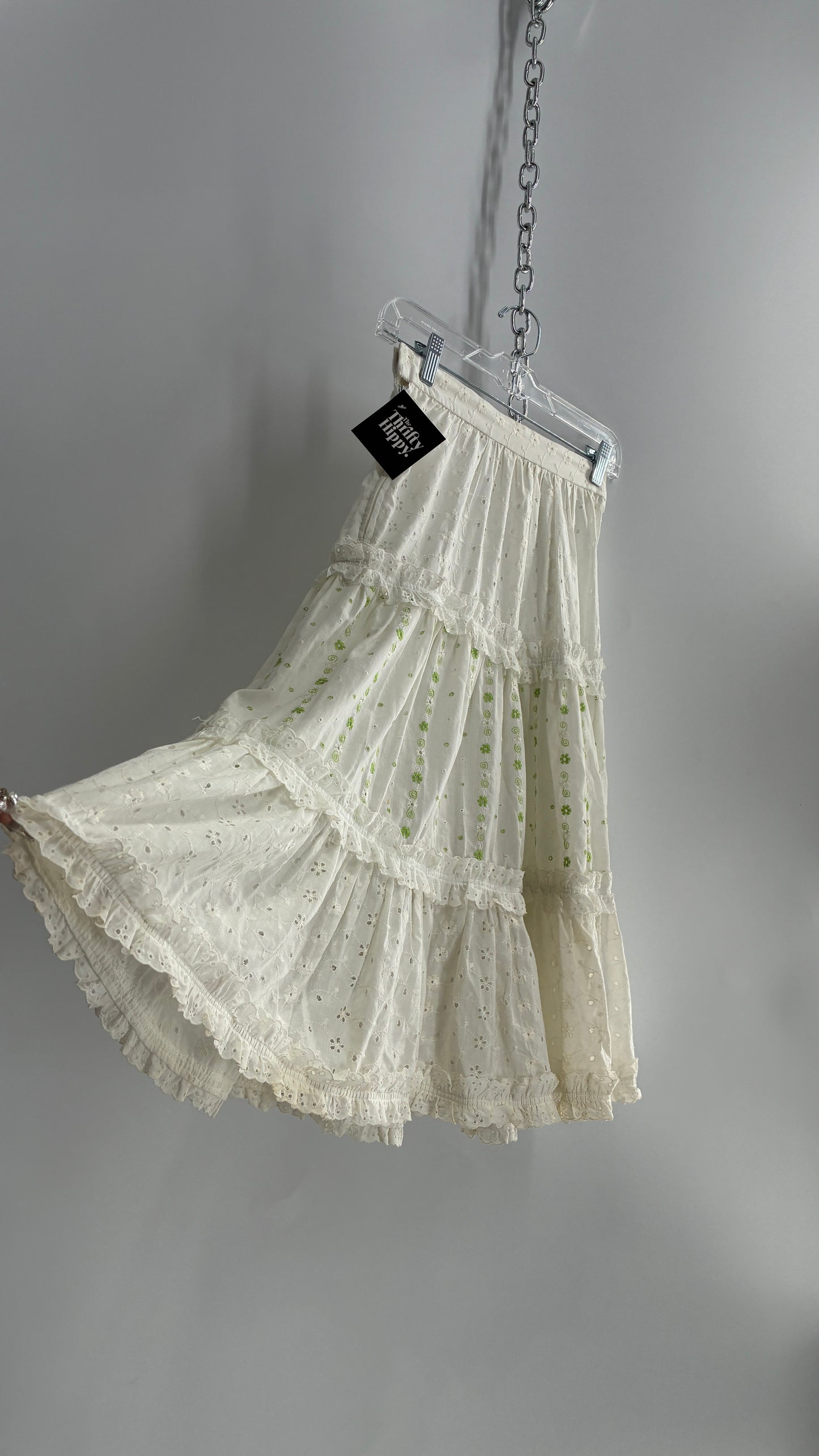 Vintage White Eyelet Lace Tiered Skirt with Ruffled Lace and Green Floral Embroidery (XS)