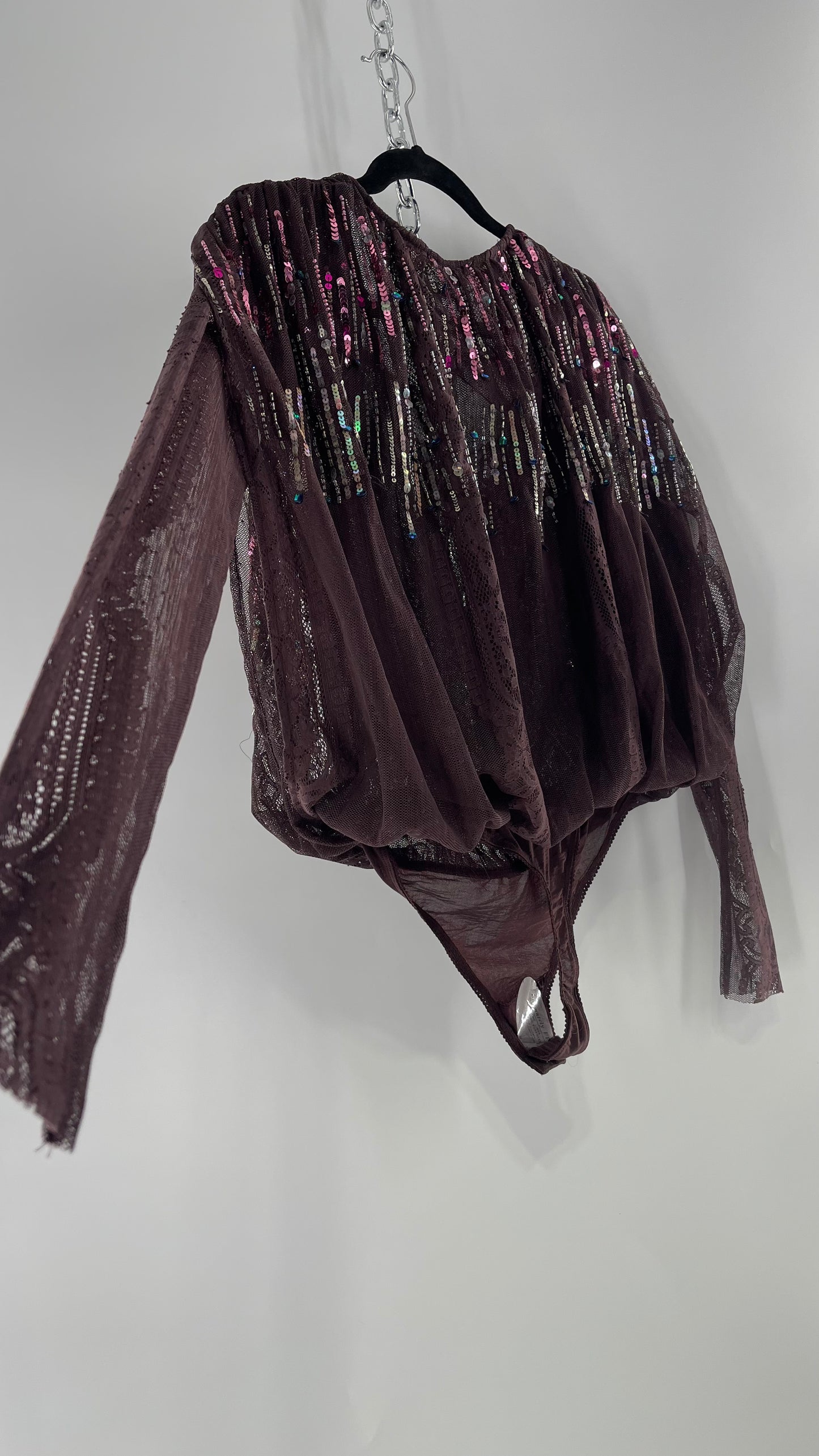 Intimately Free People Plum Mesh Bodysuit with Lace Sleeves and Beaded/Sequined/Embellished Body (Medium)