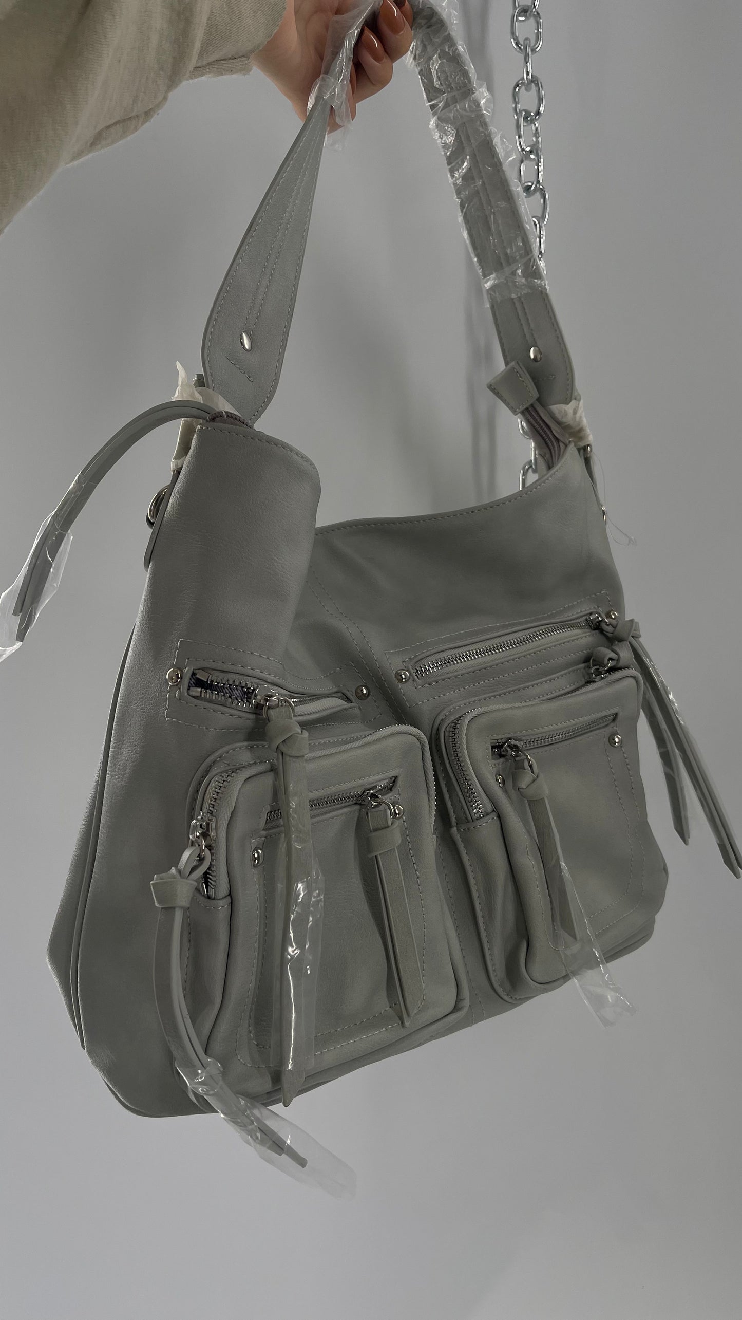 Free People Grey Leather Bag with Heavy Silver Metal Detailing, Pockets and Extra Strap