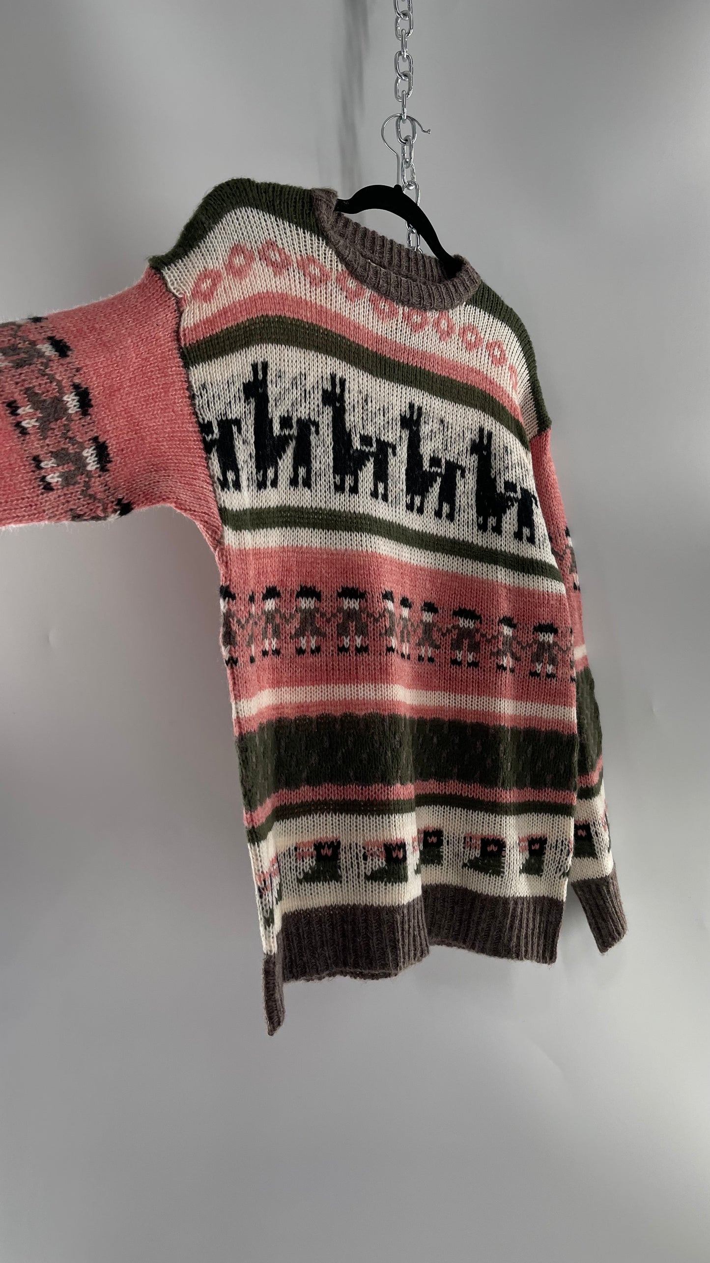 Cooke Collective Knit Llama/Alpaca Graphic Sweater with Army Green, Pink and White Colorway (Medium)