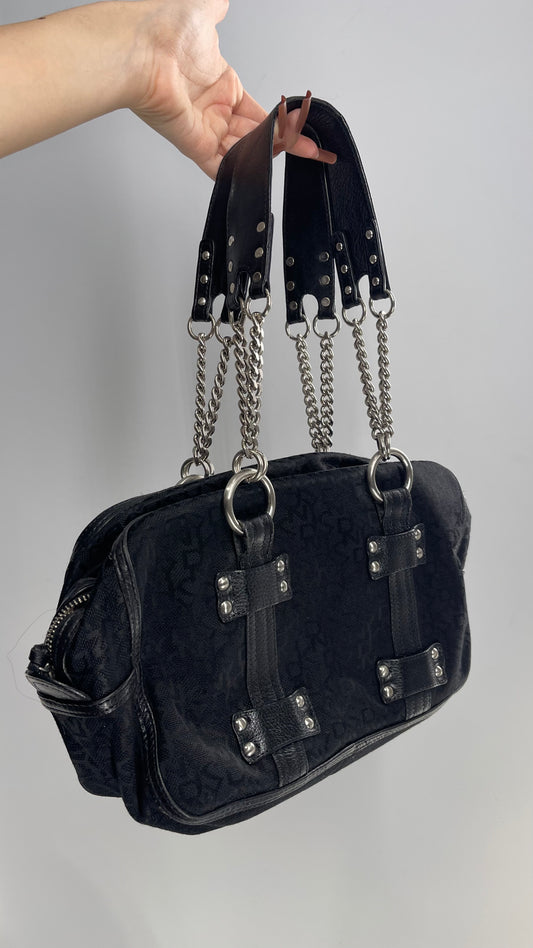 Vintage DKNY 1990s Black All Over Logo Bag with Leather and Chain Details