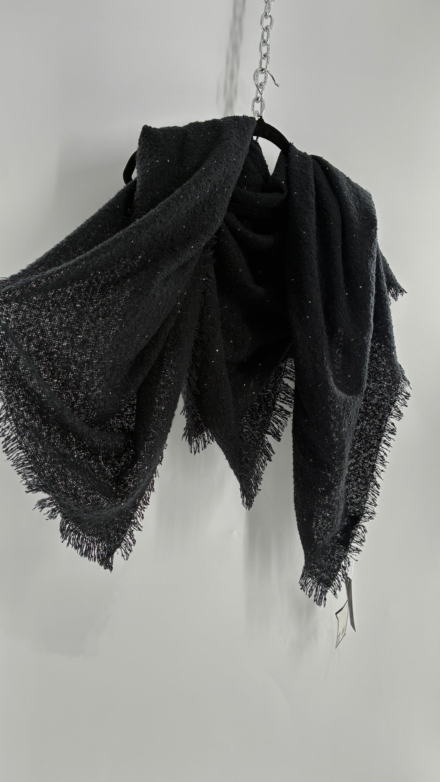 Vintage Marcus Adler Black Fringed Scarf with Iridescent Sequins and Tags