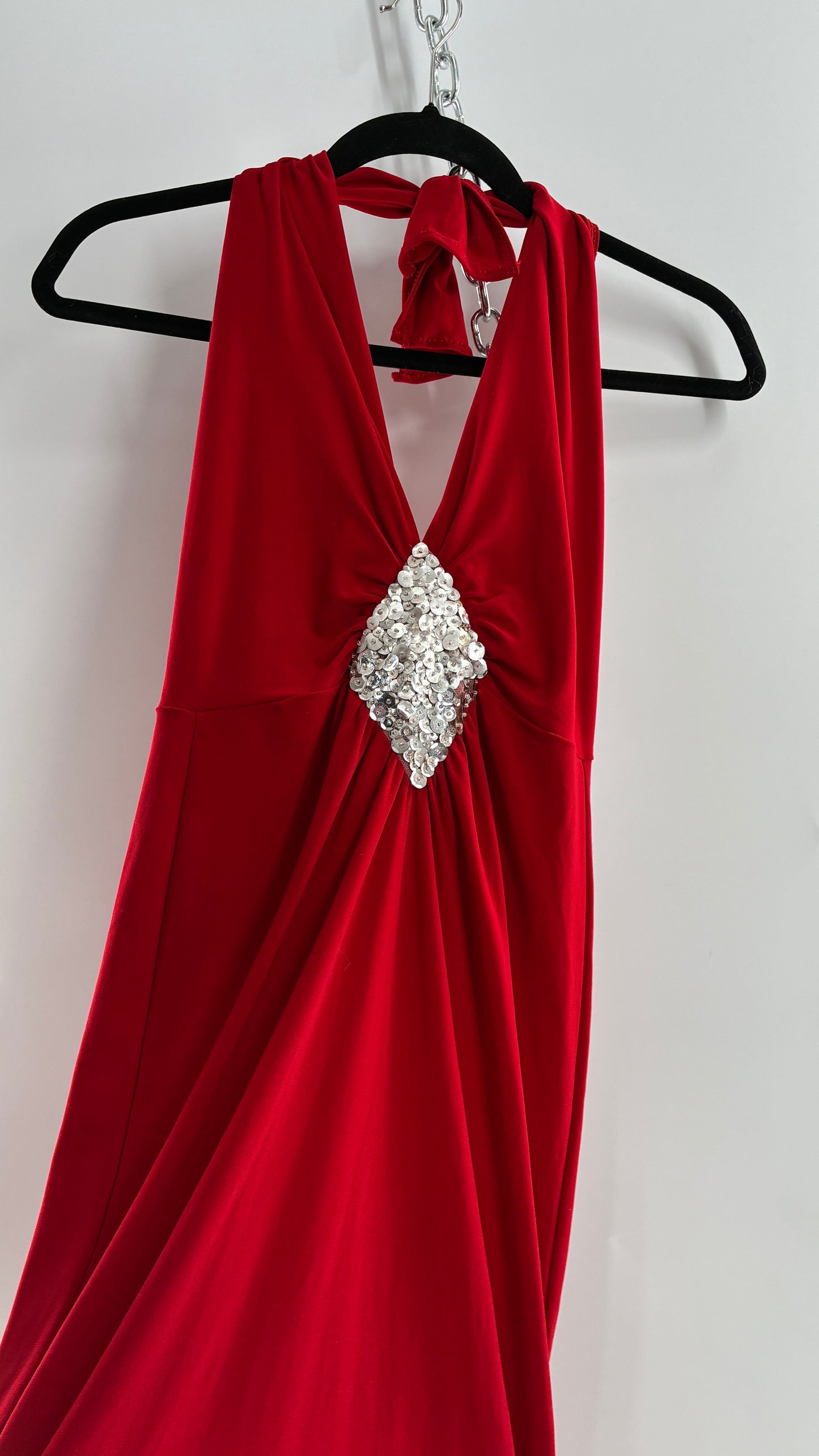 Vintage SYMPHONY Lycra Red Halter Full Length Dress with Sequin Bust Detail (Small)