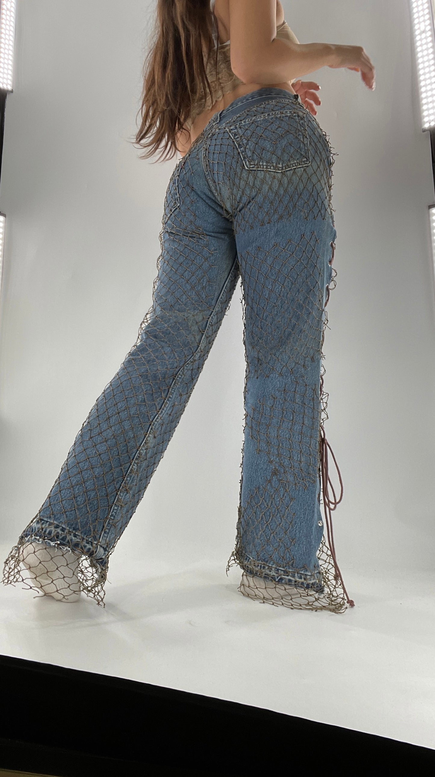 Custom - Fishnet Levi’s with Grommets and Lace Up Sides (Waist 29 Length 30) Fits Like a 26*