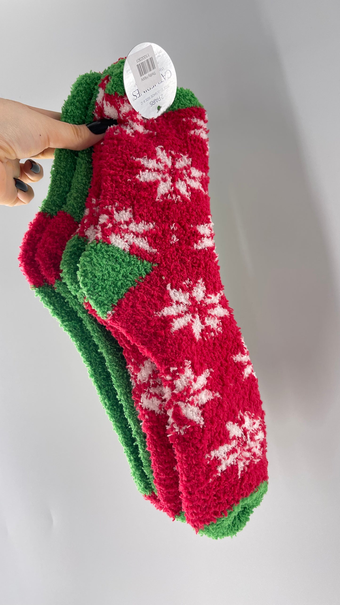 Festive Fuzzy Christmas Color Block Red Green Socks (Sz 8-12)