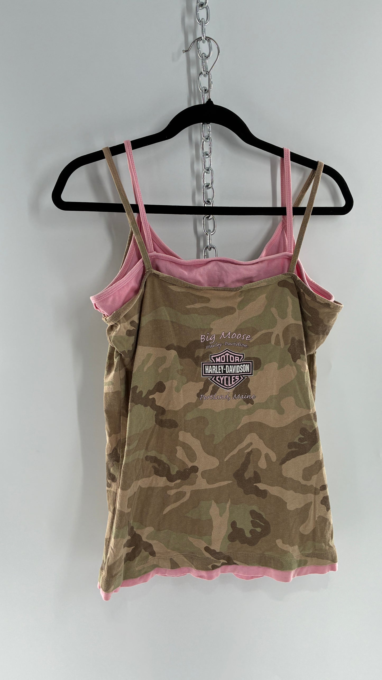 Vintage Harley Davidson Camo Tank with Built in Pink Sports Bra (Large)