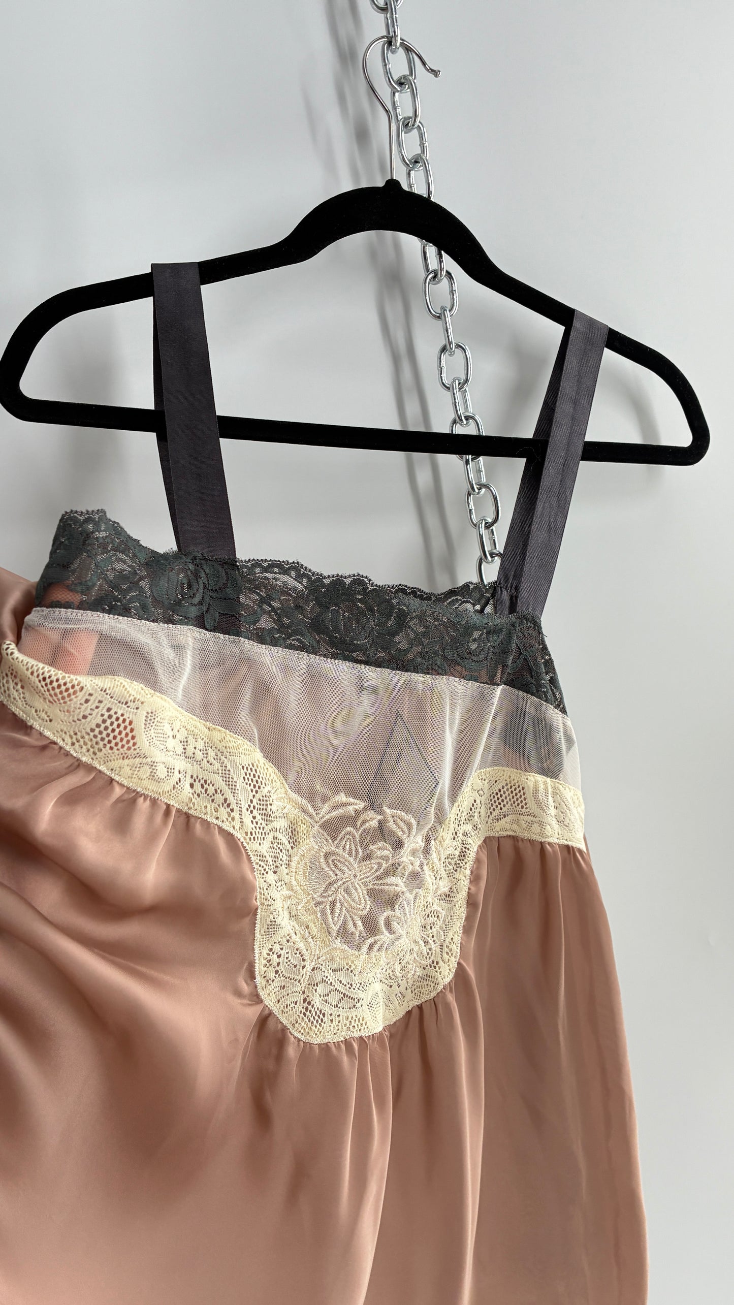 Vintage Milau Silky Camisole Top with Ribbon Straps and Sheer Mesh Paneling (Small)