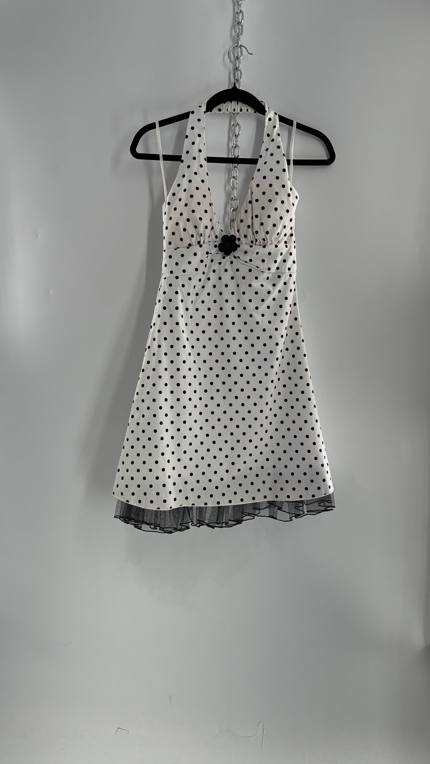 Deadstock Vintage Ruby Rox Retro Style White and Black Polka Dotted Mini Dress with Tulle Trim (7)
