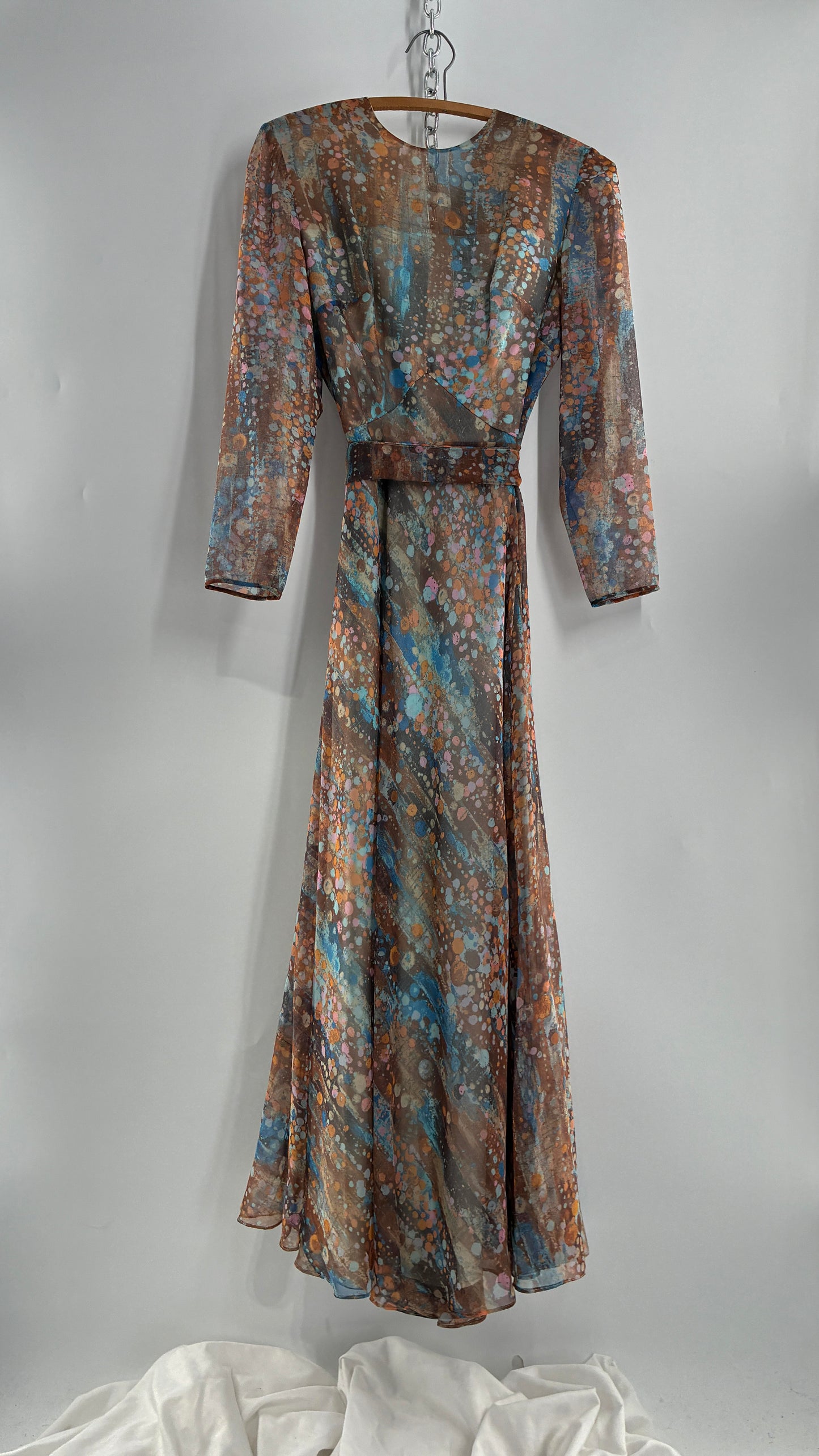 Vintage 1970s HELEN BASS Brown, Orange, Blue Voluminous Maxi Dress (S)