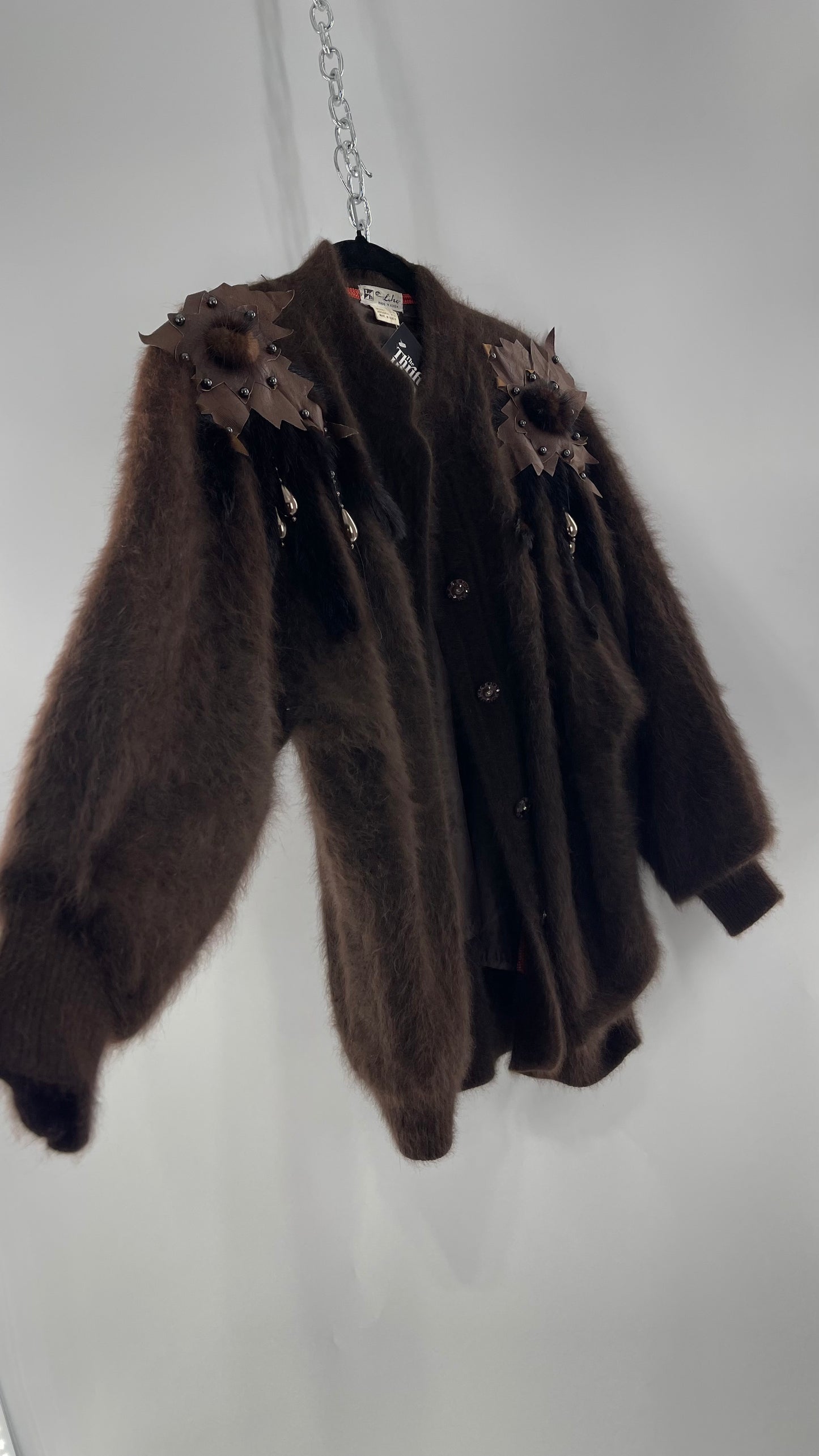 Liho Korean Vintage Brown Cardigan with Leather, Fur and Beaded Detailing 15% Wool 75% Angora  (C)(Medium)