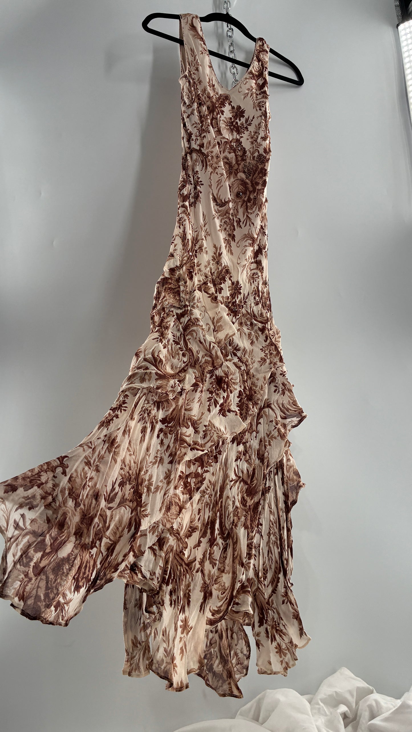Vintage MAJICK 1990s Brown Floral, Asymmetric Ruffled Hem Gown with Embroidered Sequin Details (Medium)