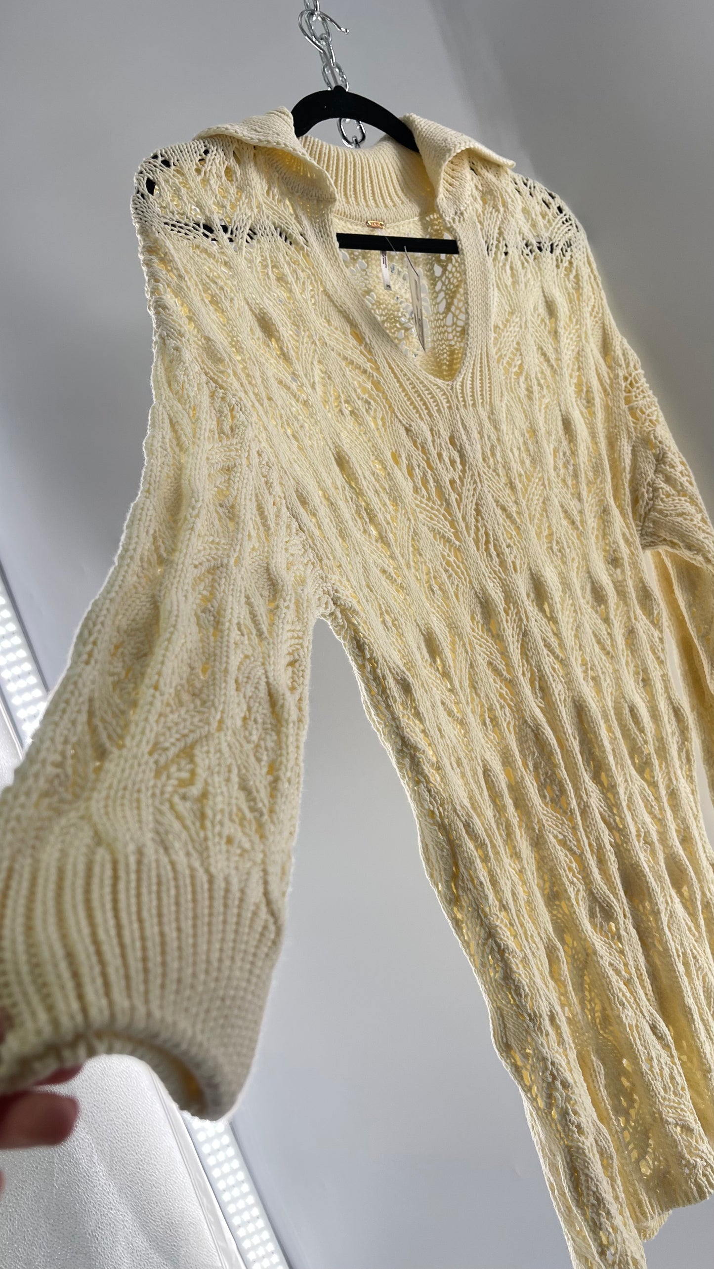 Free People Baby Yellow Comfy n Cozy Open Stitch Knit Sweater Dress (XS)