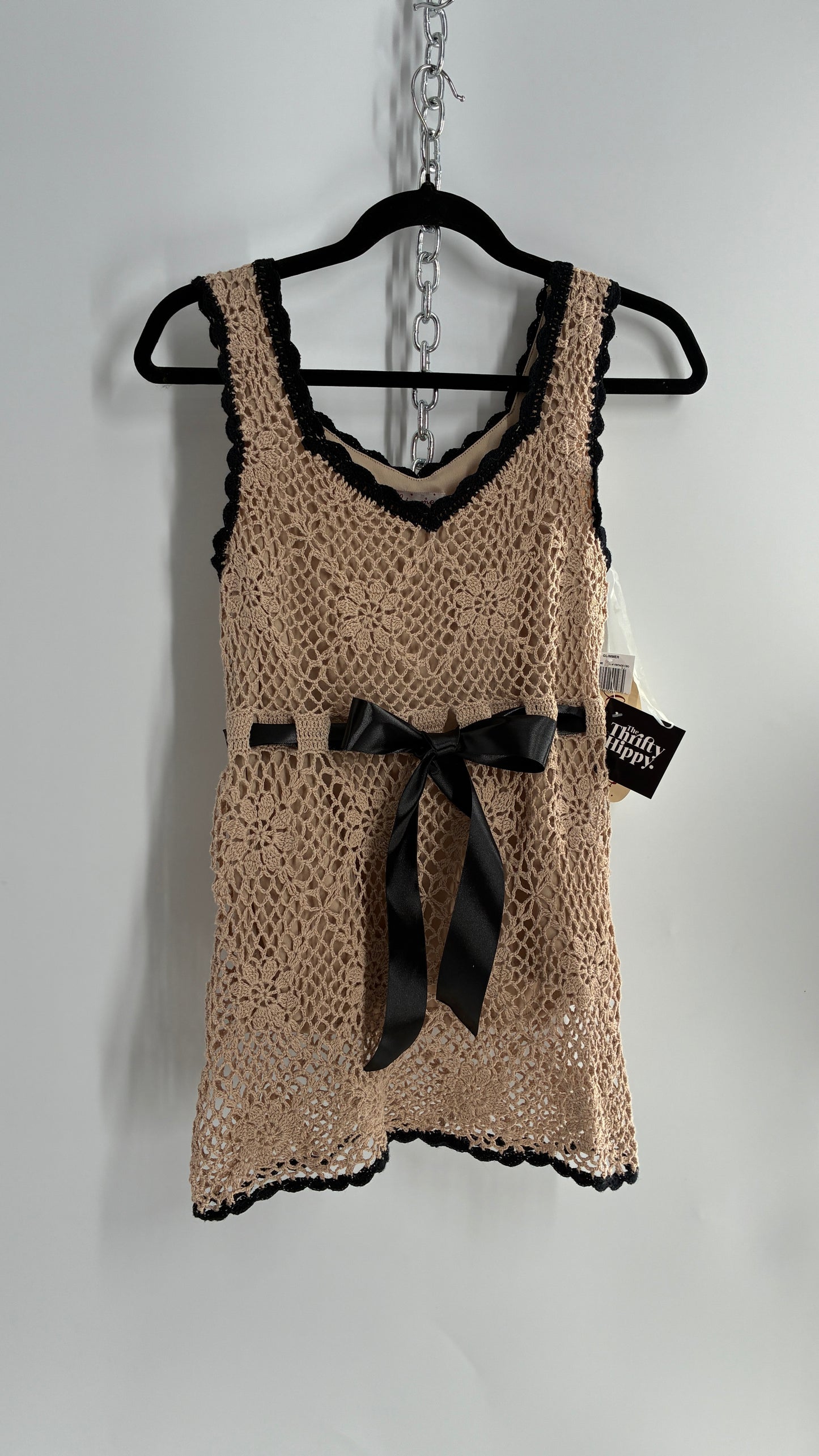 Deadstock Vintage GLIMMER Crochet Black Trim Long Tank with Black Satin Ribbon (Large)