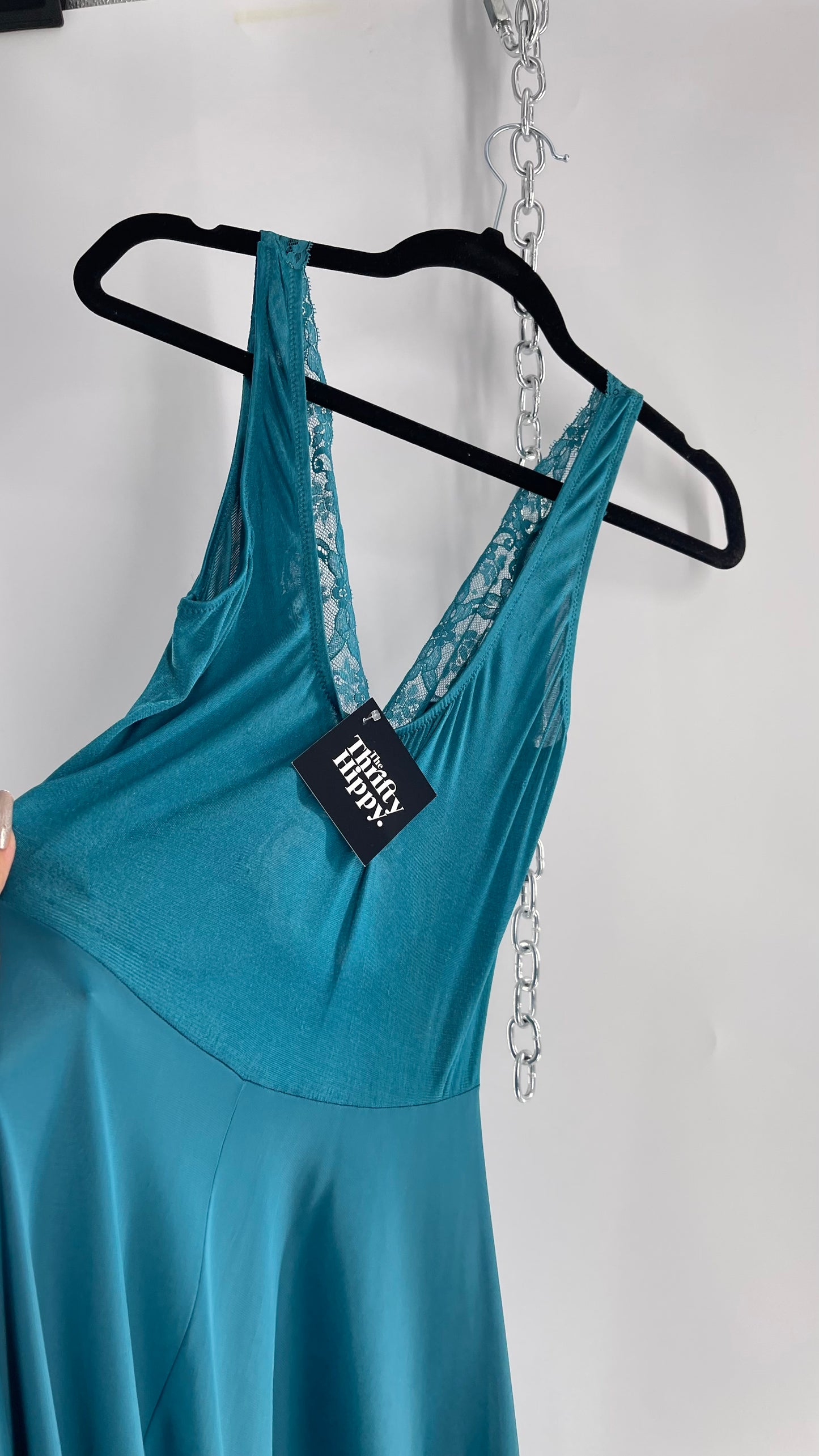Vintage Olga Intimates Floor Length Voluminous Blue Jewel Toned Maxi Dress/Night Gown with Lace Bust (Small)