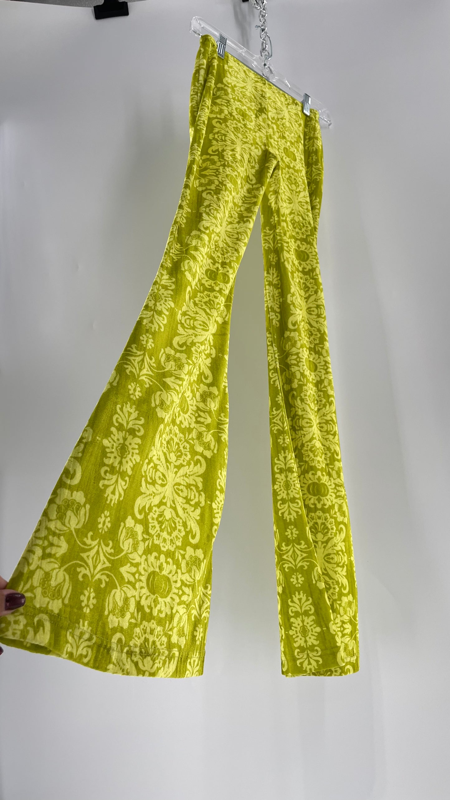 Urban Outfitters Chartreuse Green/Yellow Velvet Lace Patterned Flares with Scrunch Front  (XS)