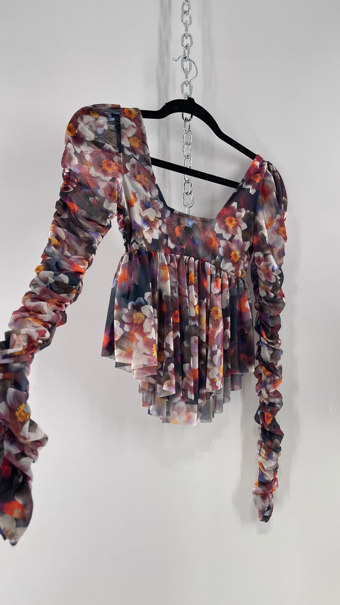 Urban Outfitters Psychedelic Floral Mesh Cropped Blouse with Ruched Sleeves and Pleated Hem (XS)