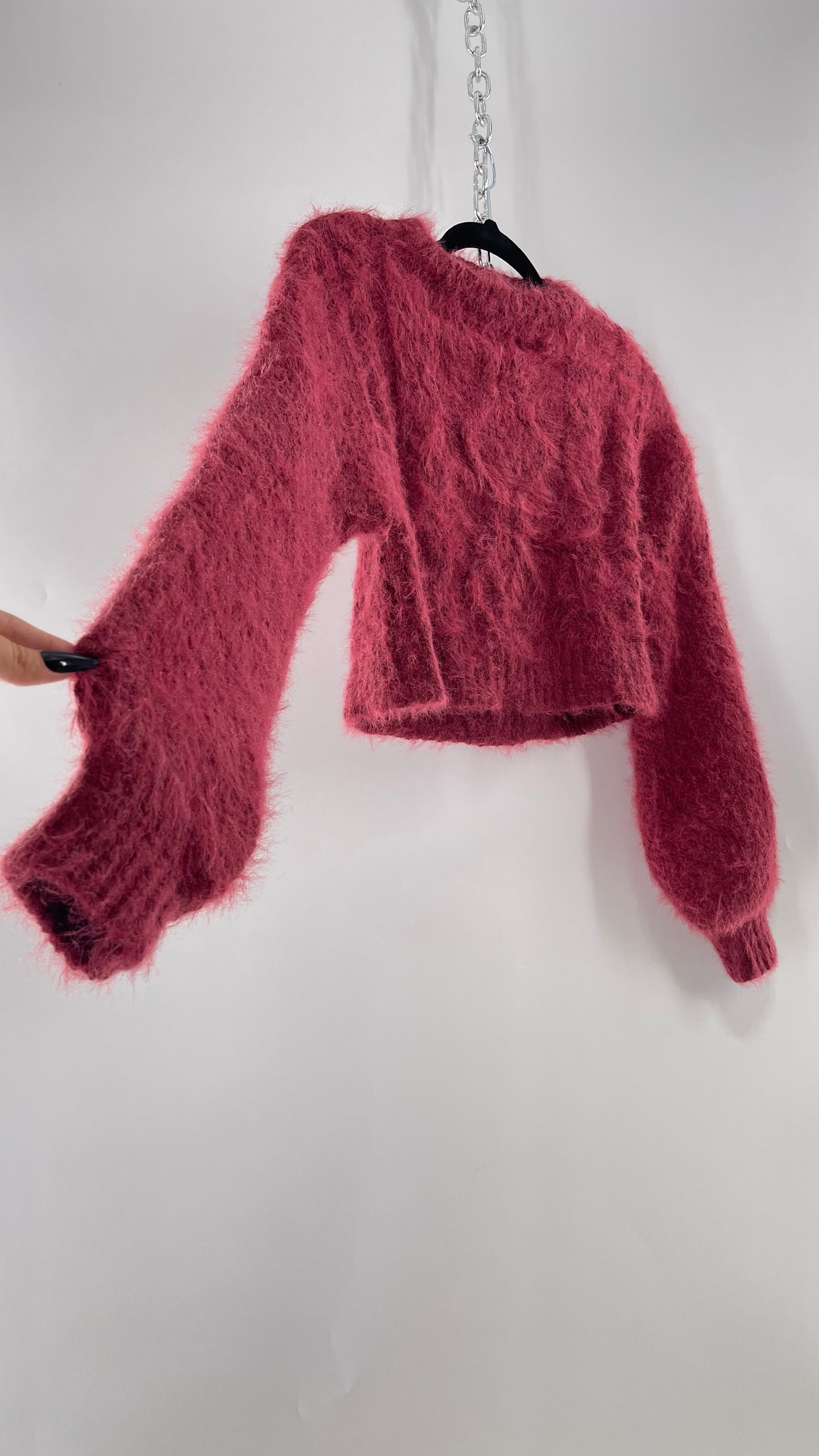 Urban Outfitters Mauve Pink Fuzzy Cropped Sweater with Bubble Sleeves (XS)