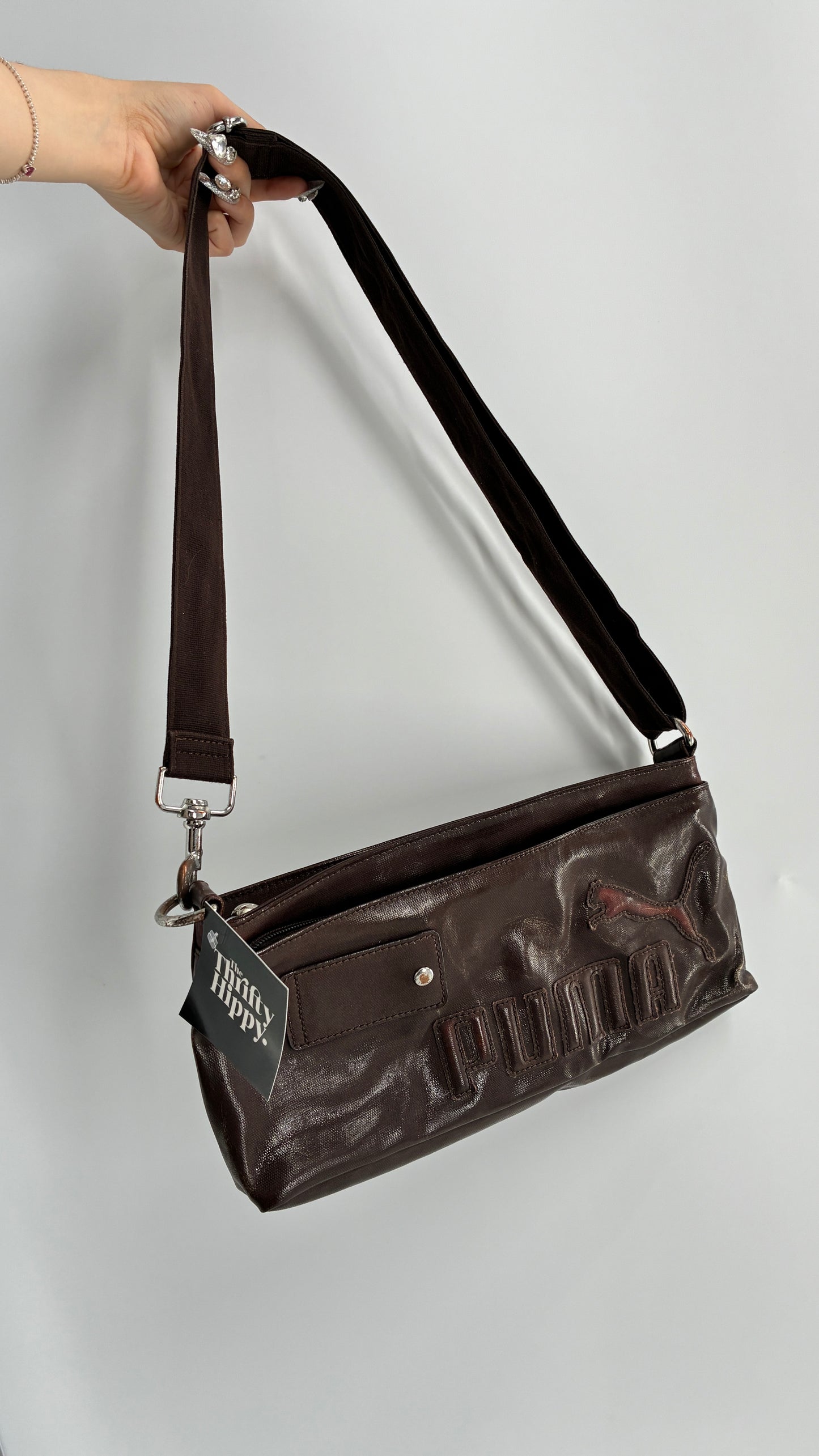 RARE Distressed Vintage PUMA Shoulder Purse, Brown W/ Iconic Logo