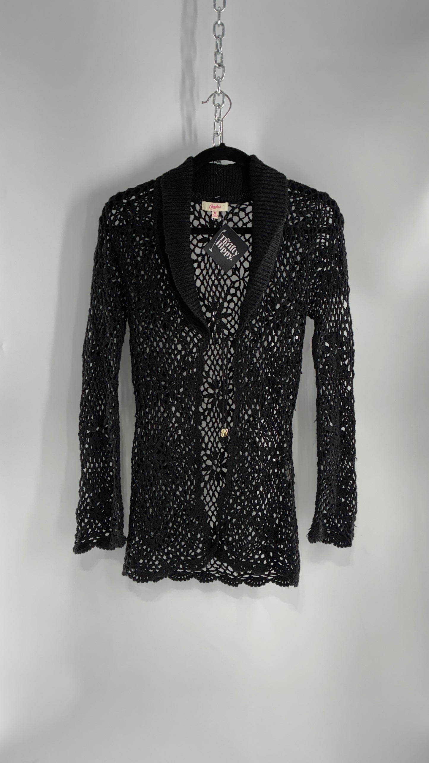 Vintage CANDIES Black Crochet Knit Cardigan with Bust Tie (Medium)