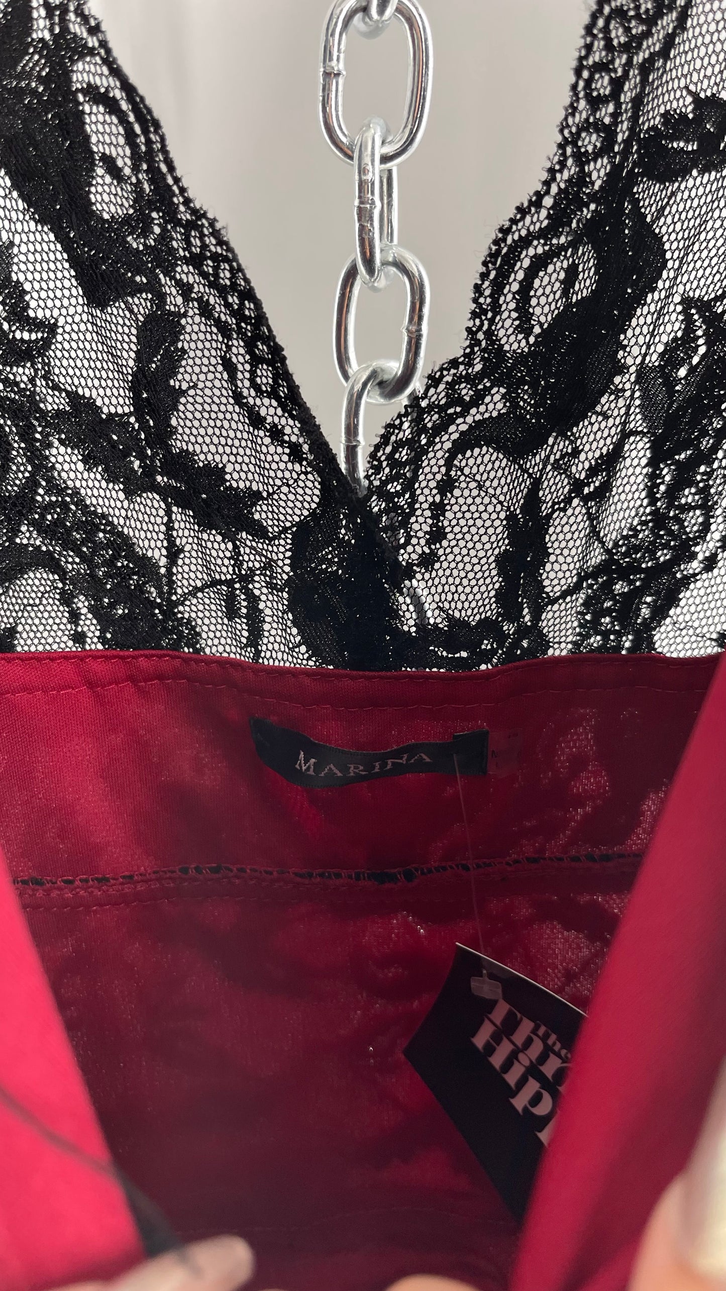 Vintage Marina Vampira Mídi Dress with Beading and Scalloped Black Lace Over Red Underlay (12) (Consigned)