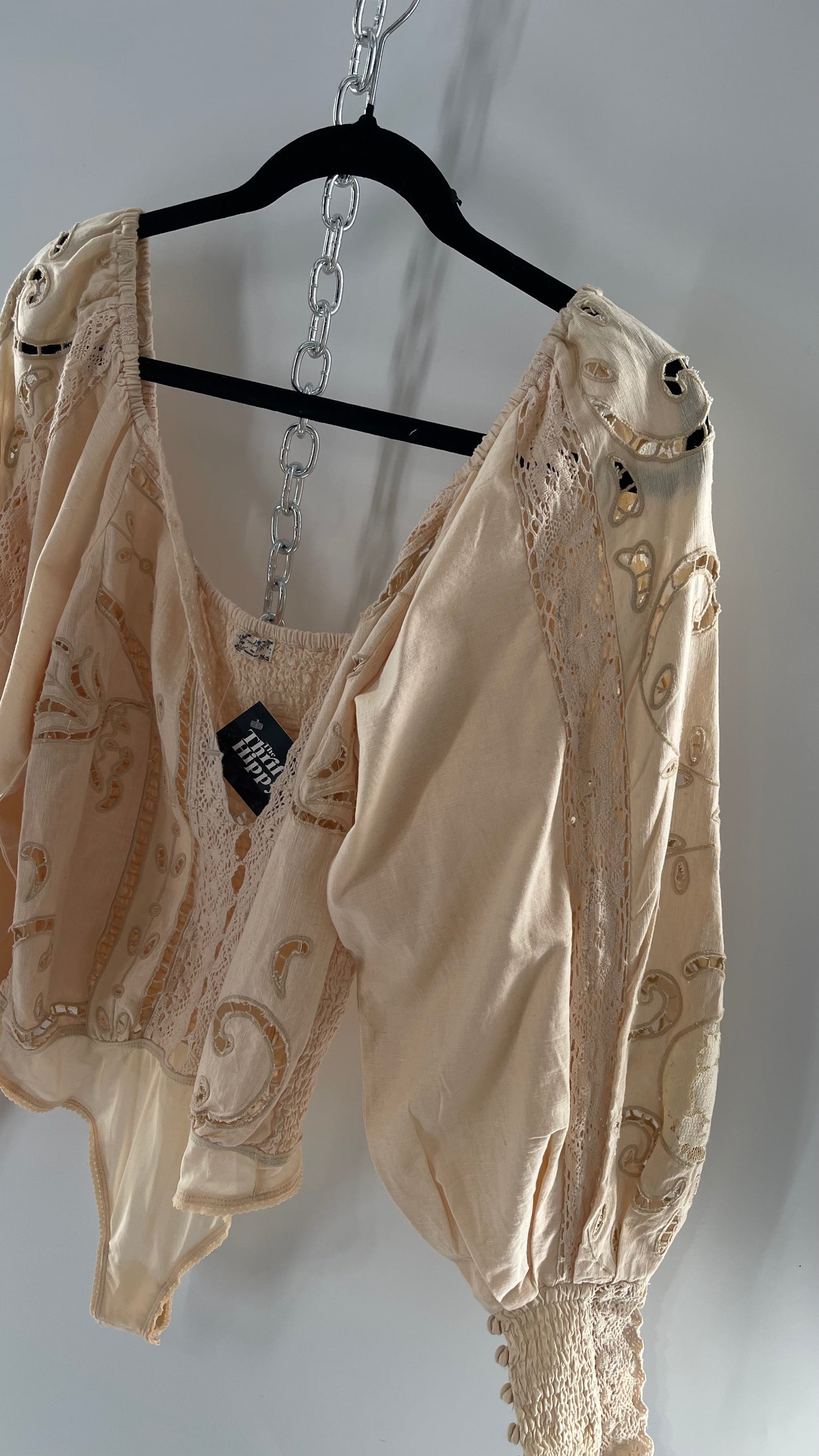 Free People Off White Cotton Bodysuit with Embroidered Lace Balloon Bishop Sleeve and Smocked, Buttoned Cuffs (Large)