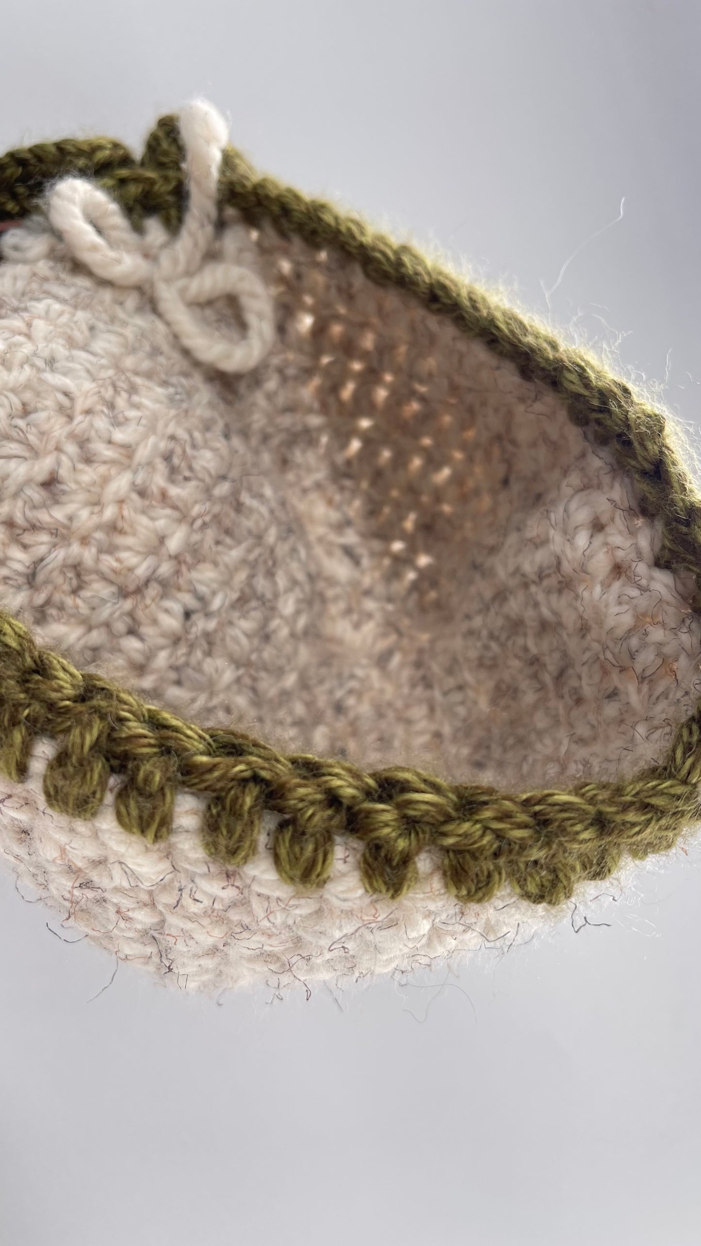 Vintage Beige Green Hand Knit Beanie with Rose
