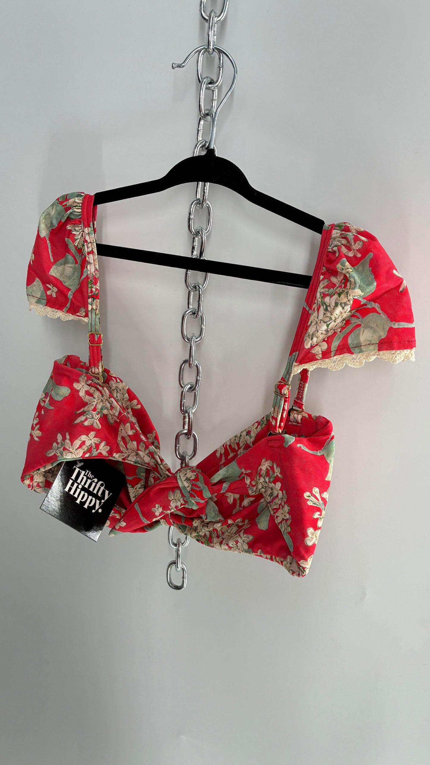 MONTCE Free People Pink Floral Tie Bust Swim Top with Cap Sleeves, Lace Edges, and Tags Attached (Medium)