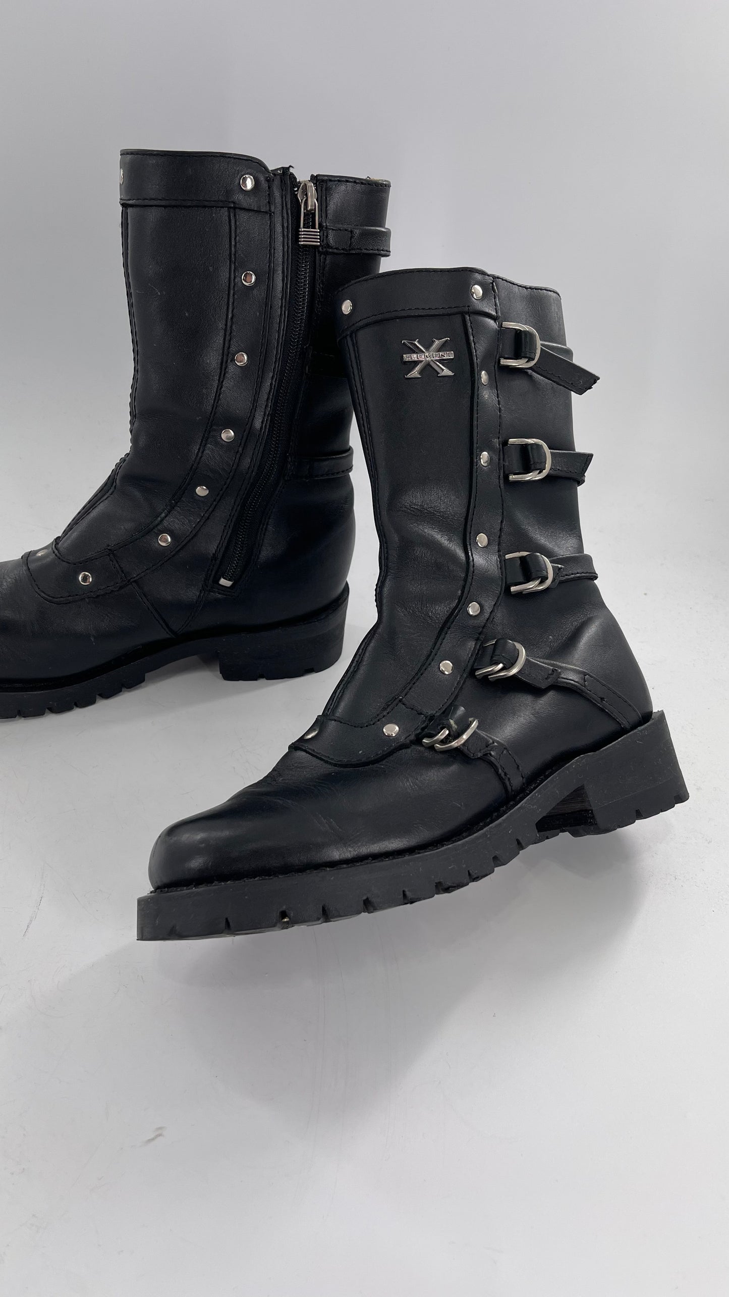 Vintage 1990s XELEMENT Buckle Side Genuine Leather Steam Punk Boots (Women’s 8.5)