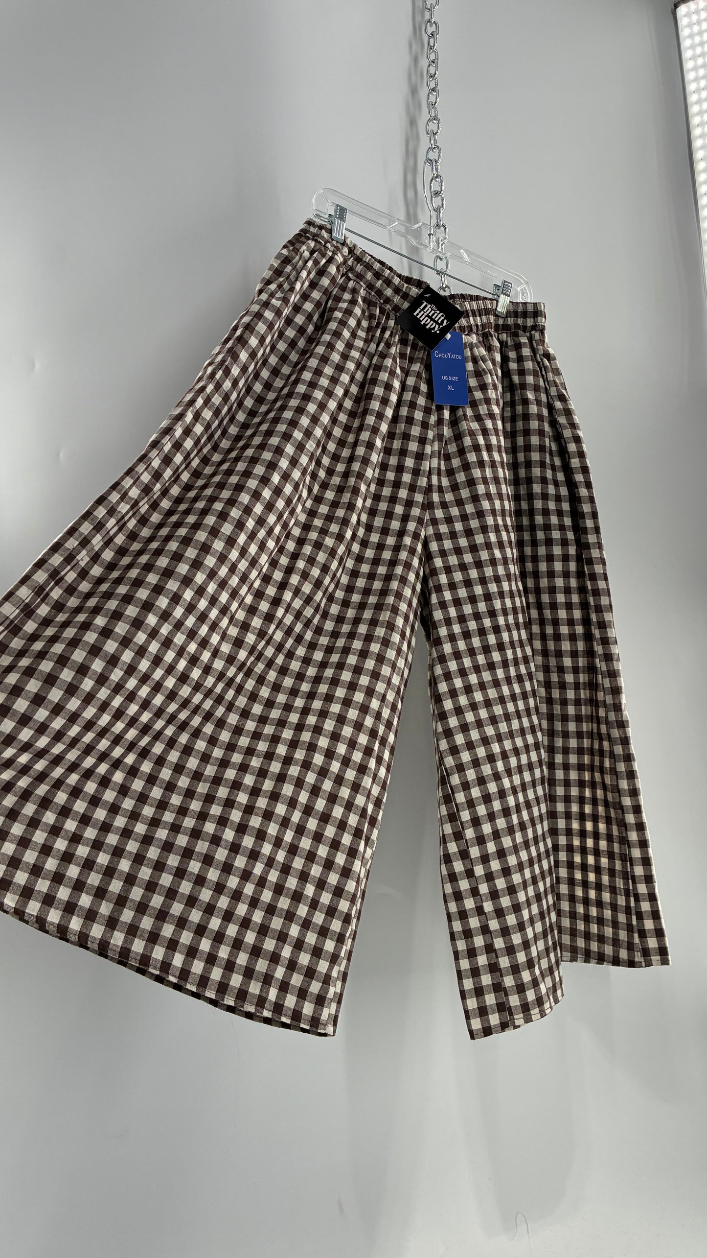 Wide Leg Brown Gingham Picnic Pants (XL)