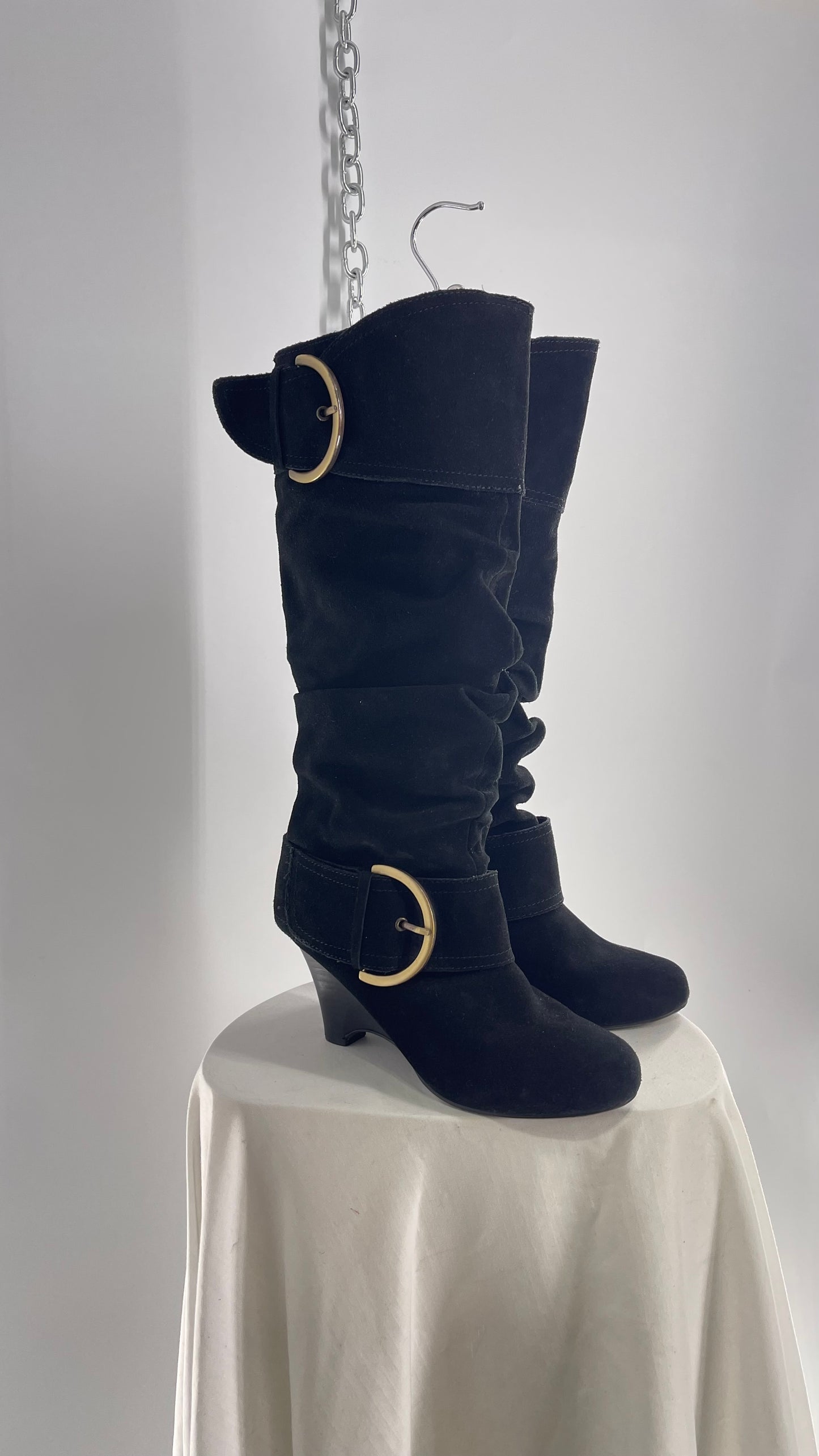 Naughty Monkey Black Suede Wedge Boot with Gold Buckle (7)