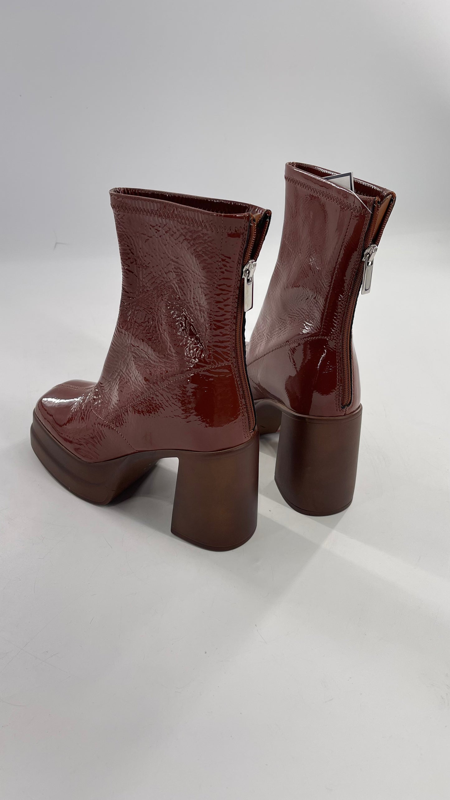 Free People Double StackedGlossy Patent Chestnut Brown Platform Boots with Chunky Heels (37.5)